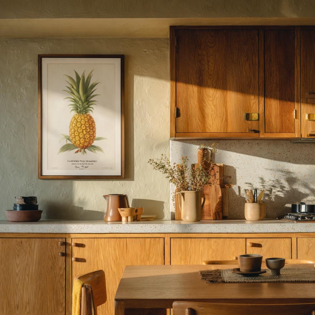 A pineapple print in a vintage mid century kitchen