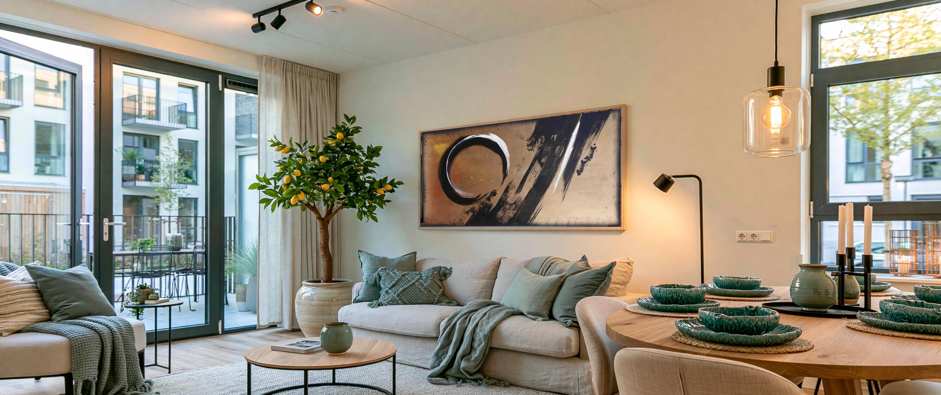 Interior with large bronze japandi painting