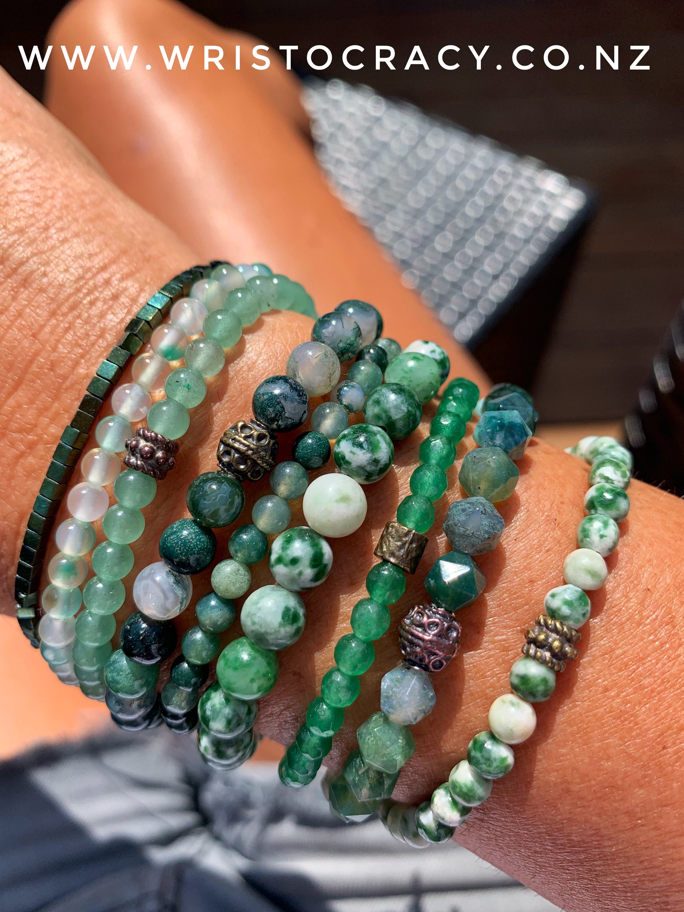 A bold statement in green, these two gorgeous bracelet stacks represent luck, protection, strength, harmony and all things natural and beautiful. Today, we’ve combined Tree 🌳 and Moss Agates with other some other Green Agates, Hematine, Green Aventurine and Crystal to produce these gorgeous bold green bracelet stacks. 💚🌿 With St Patrick’s Day fast approaching - Wouldn’t they be the ultimate nod to the Irish? ☘️🇮🇪 The more I work with these two sets the more I realise just how versatile they are. I will share more about that later in the week. For now, a little more information on two of the stars ⭐️ ⭐️ of these bracelets sets... Moss and Tree Agates. Associated with the Heart Chakra, Moss Agate has been said to be most useful to those who are experiencing difficulty in life. It helps by opening a connection with nature and reminding them that the world 🌎 itself is a living creature, providing the balance for us to be our authentic self. Tree Agate is said to calm the nerves. Its vibrant green is said to link the wearer to nature, abundance and good luck. The combination of the two not only makes a beautiful statement visually but also beyond the physical realm. Agate is said to enhance mental function both intellect and creativity by improving concentration, perception and analytical abilities. It can promote self-acceptance and confidence, overcoming negativity and bitterness of the heart, by healing anger, fostering love, and lending the courage to start over. Two sets here but also a variety of singles to add texture, dimension and individuality to your wrist ... Available online soon (I’m trying ... I promise) and at any of my events. Message me if you can’t wait and for it to go live online!