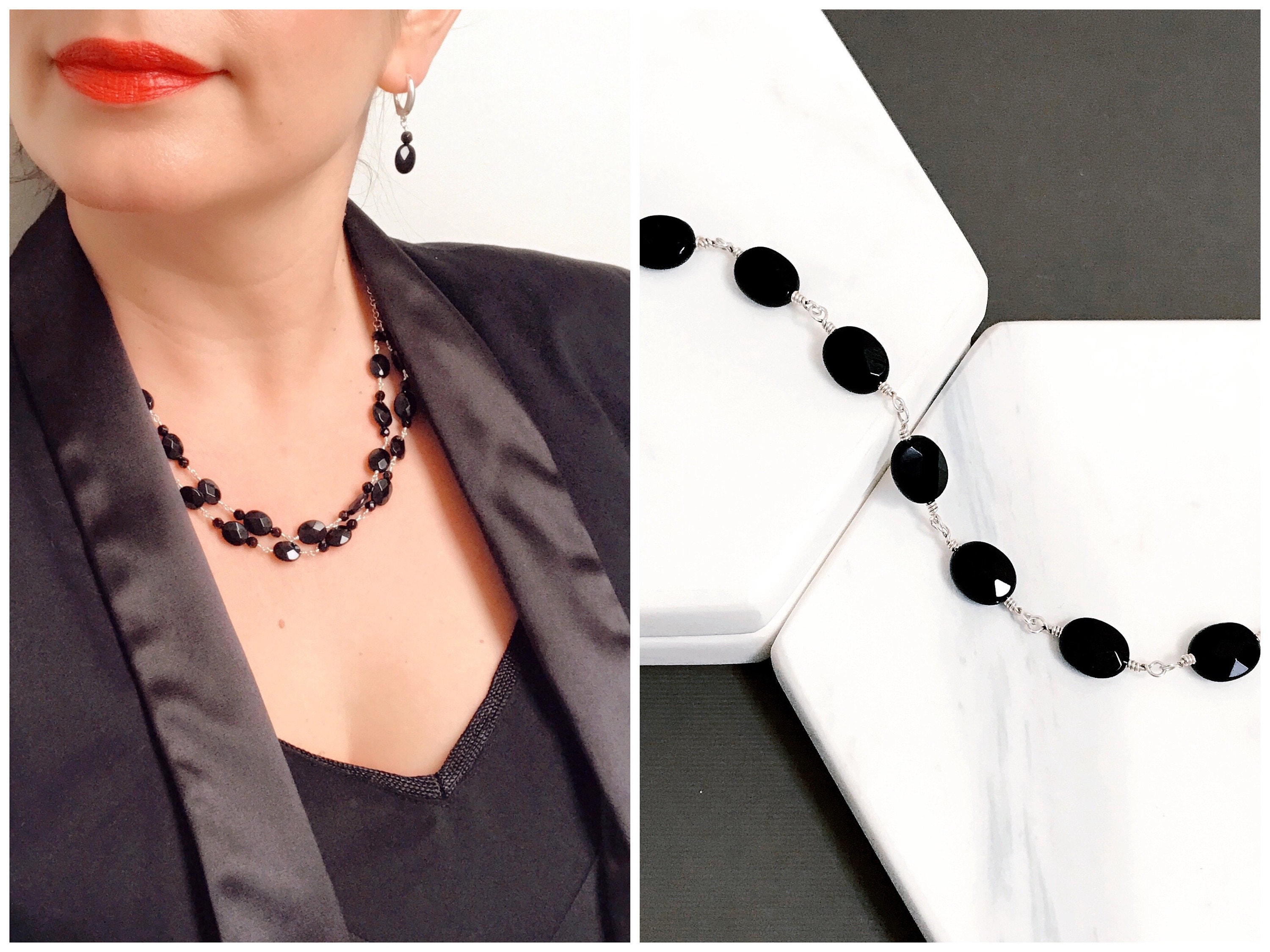 Black agate multi strand necklace and black agate bracelet crescent & crow holiday gift guide