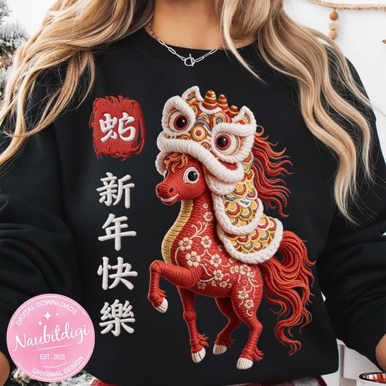 Chinese New Year 2026 Year of The Horse Faux Embroidery PNG, Lunar New Year Horse Design, Zodiac 2026 Shirt Sublimation Digital Download