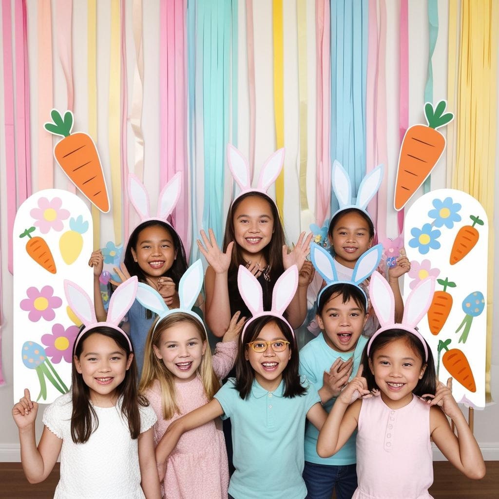 Kids taking photos with bunny ears in front of pastel Easter photo booth with streamers and printable props.