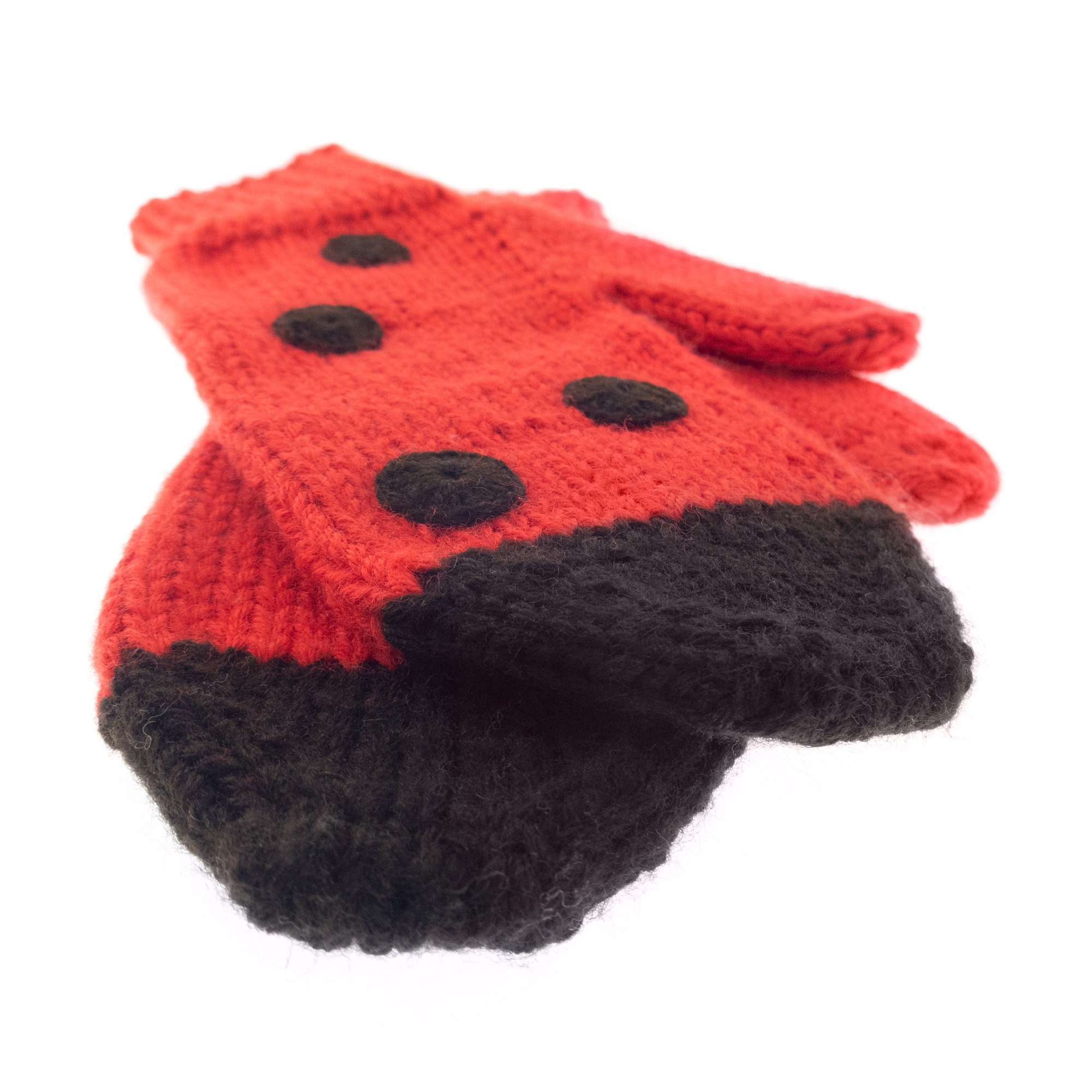 adults mittens, warm knitted winter mitts with ladybug theme