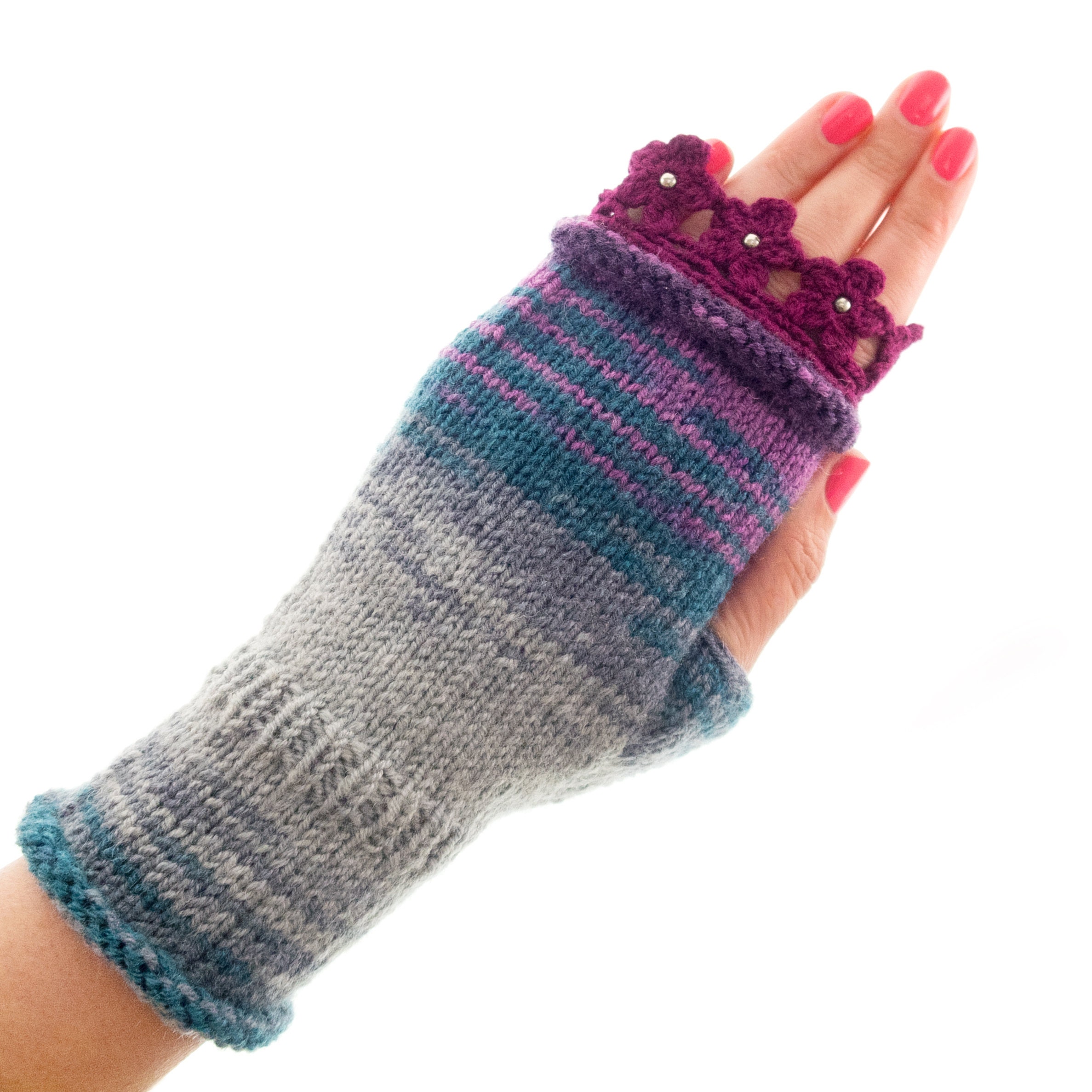Crochet Mittens Fingerless Gloves with Lace Flowers