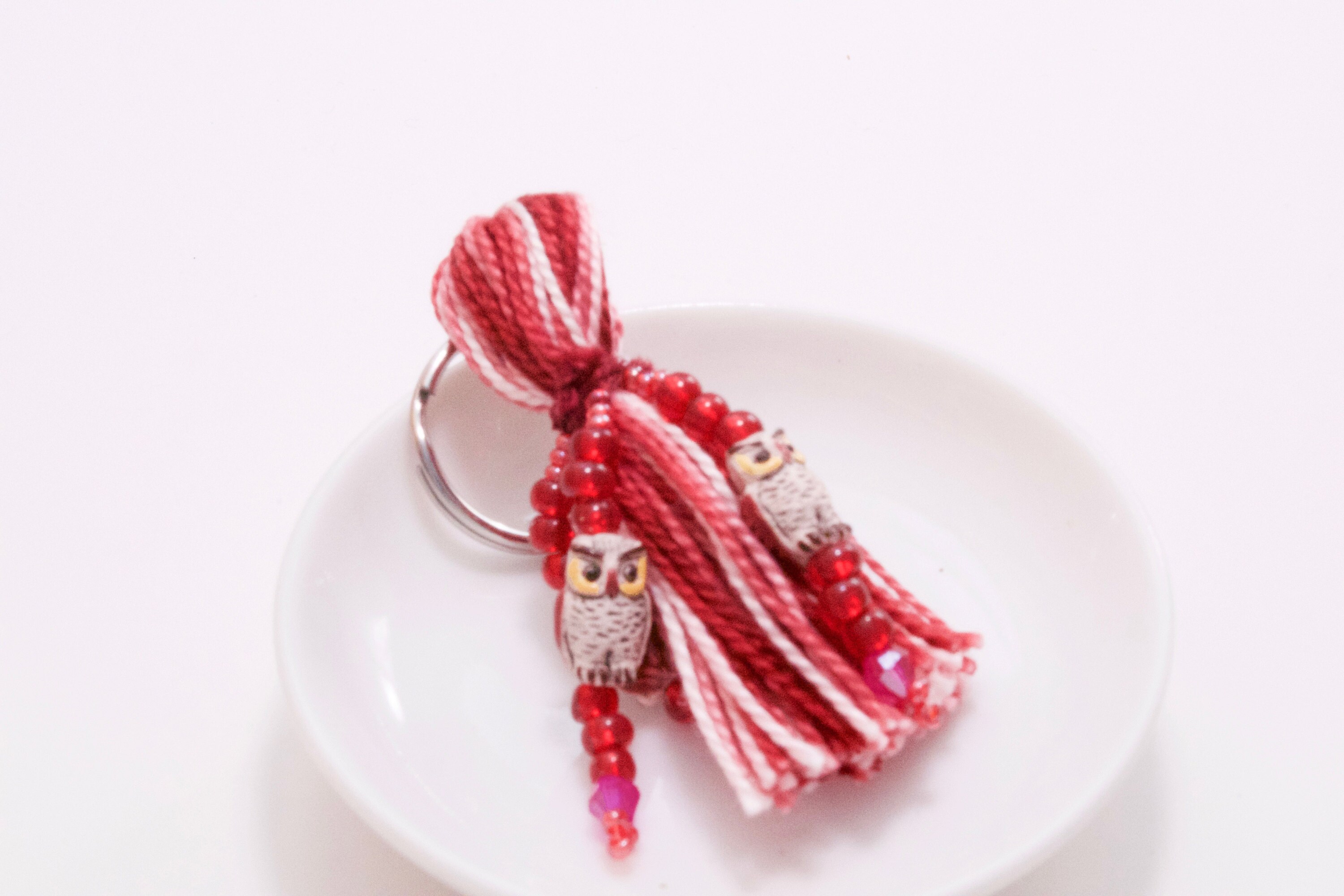 Red owl beaded tassel keyring