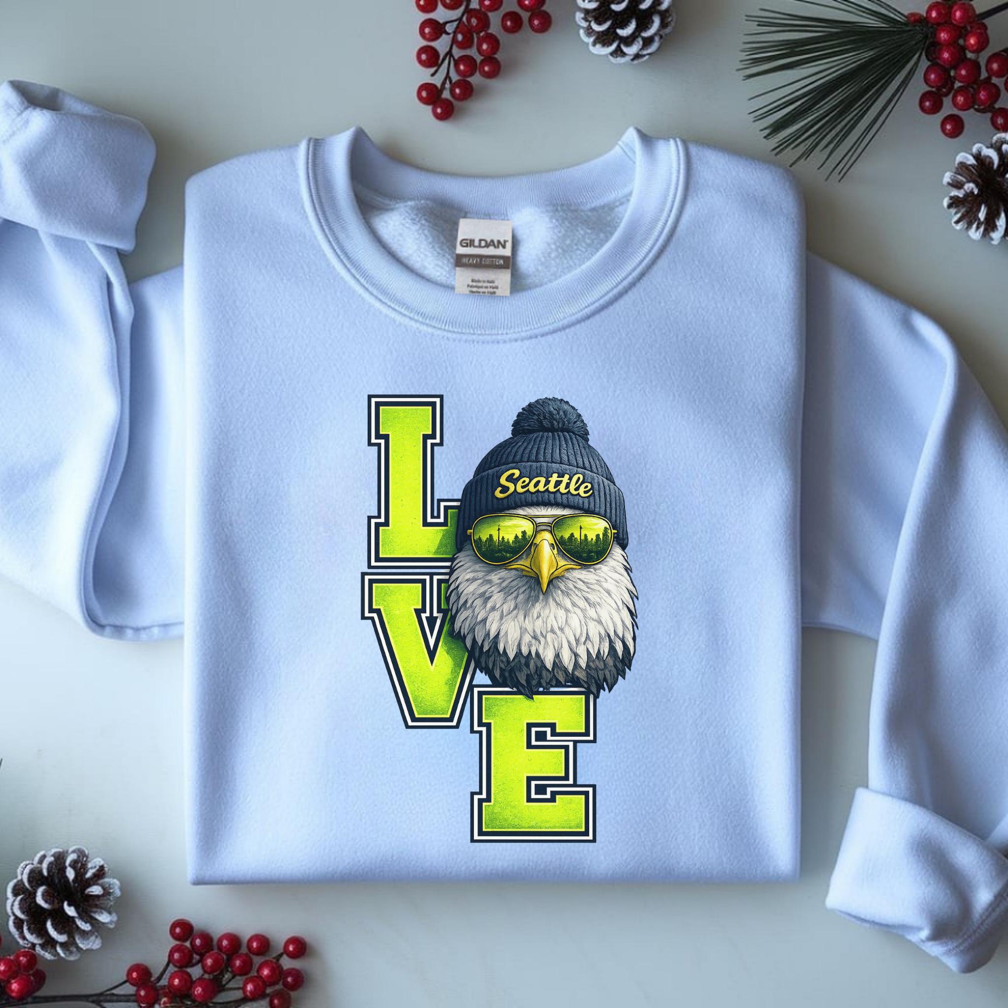 Seattle Football Love sweatshirt with varsity typography and bald eagle graphic wearing a Seattle beanie and sunglasses