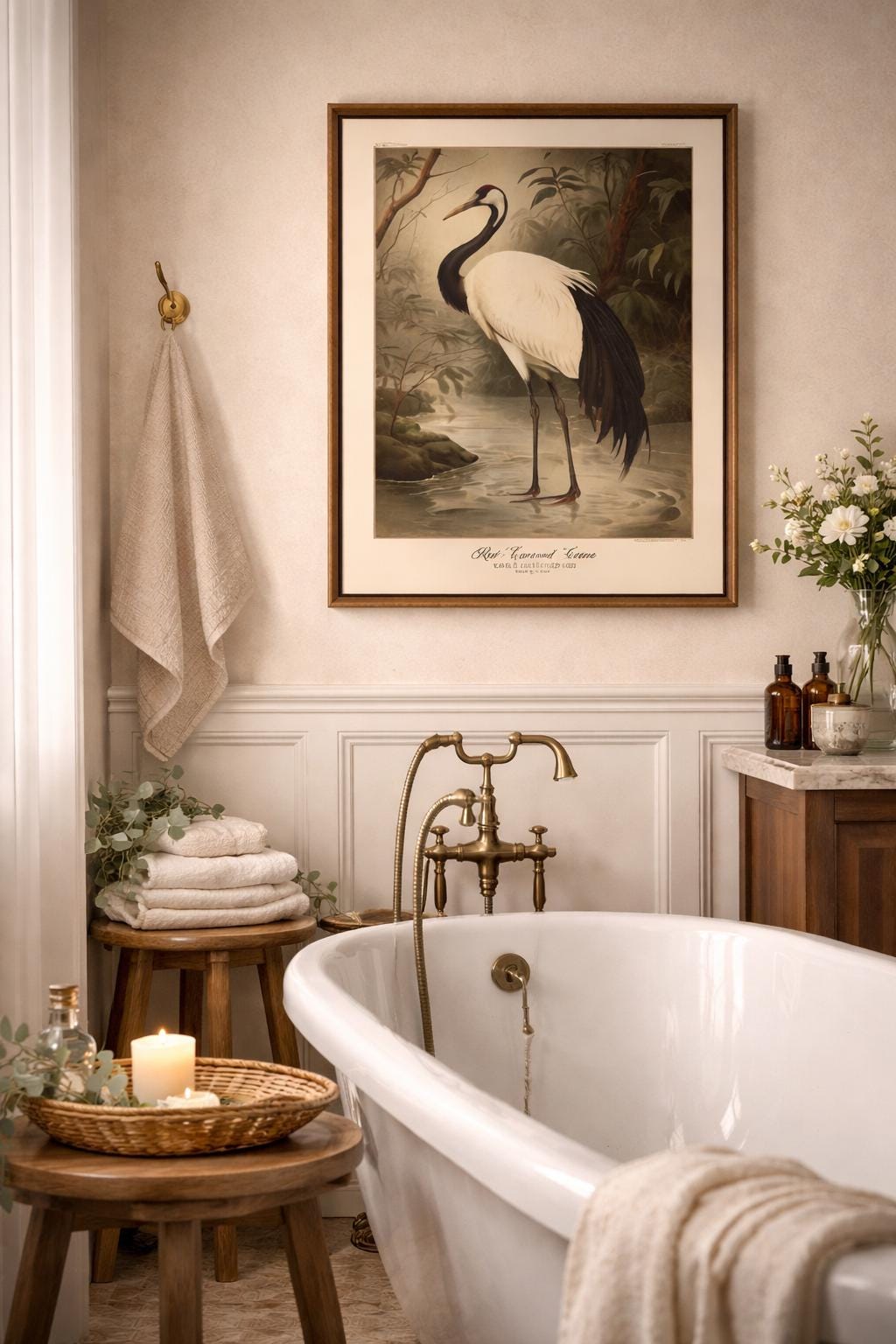 Vintage Crane Artwork in a Bathroom