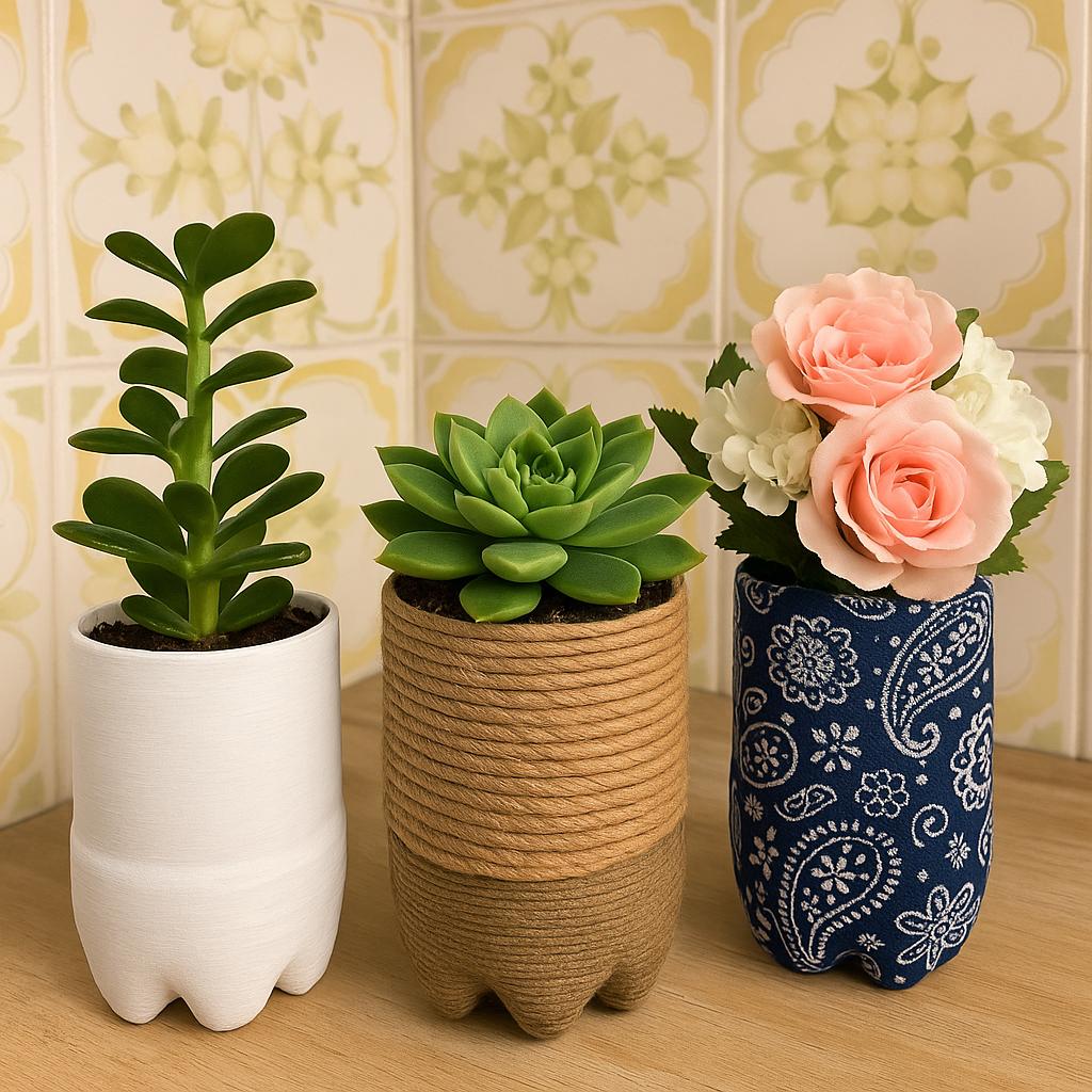 Vasos decorativos personalizados • Corte o topo da garrafa. • Pinte ou decore com tecido/cordão. • Use para suculentas, flores ou arranjos artificiais.