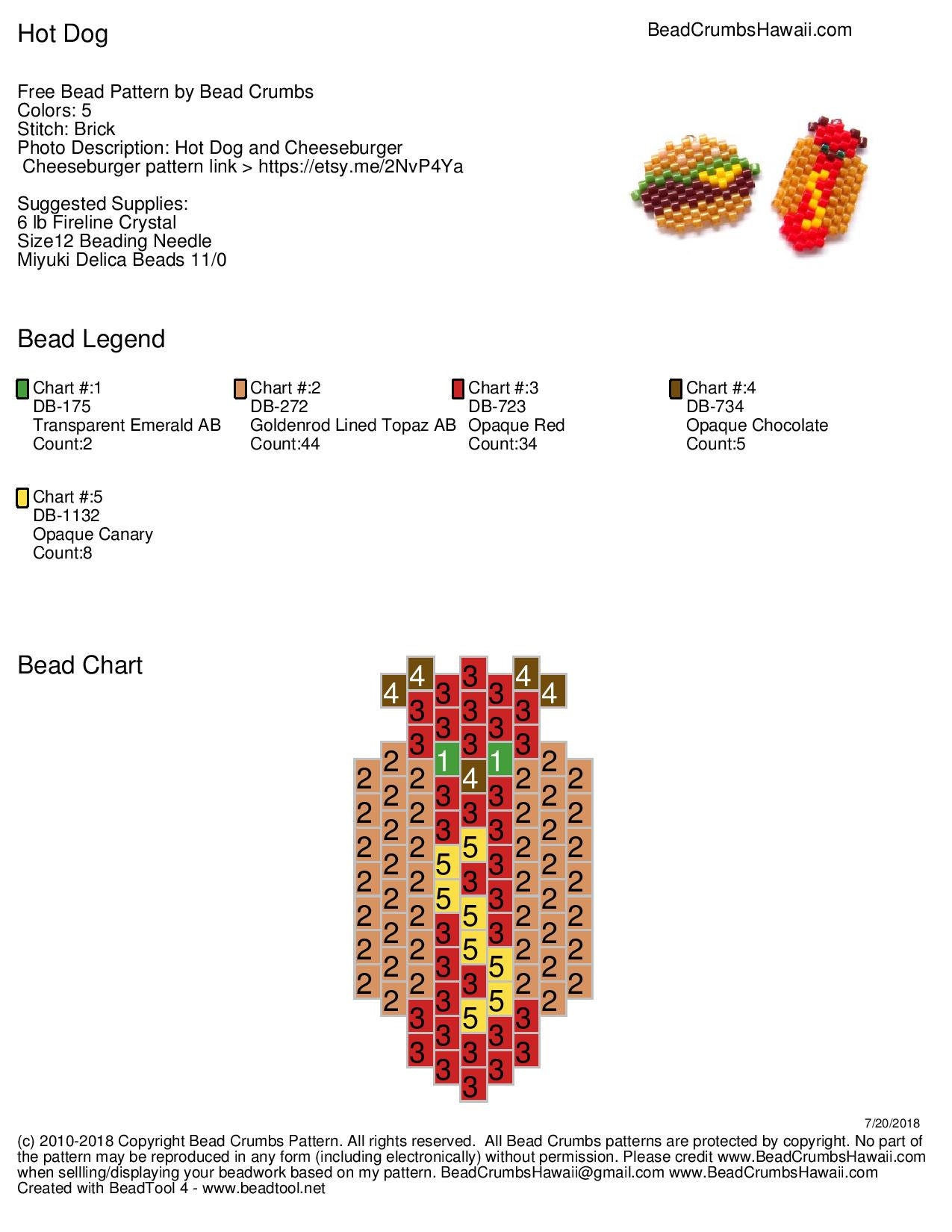 Free brick stitch hot dog bead pattern by Bead Crumbs