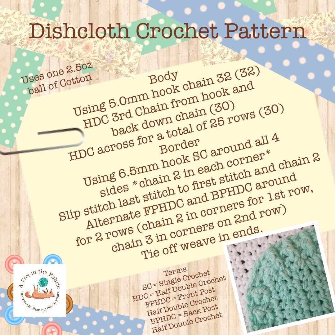 Free Crochet Pattern For A 10 Inch Cotton Dishcloth With Ribbed Edging
