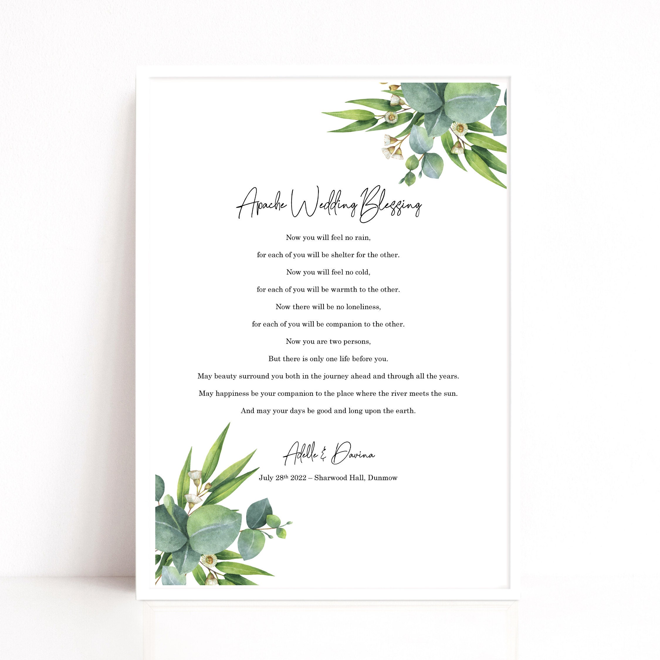 wedding reading art print personalised with your own names and date