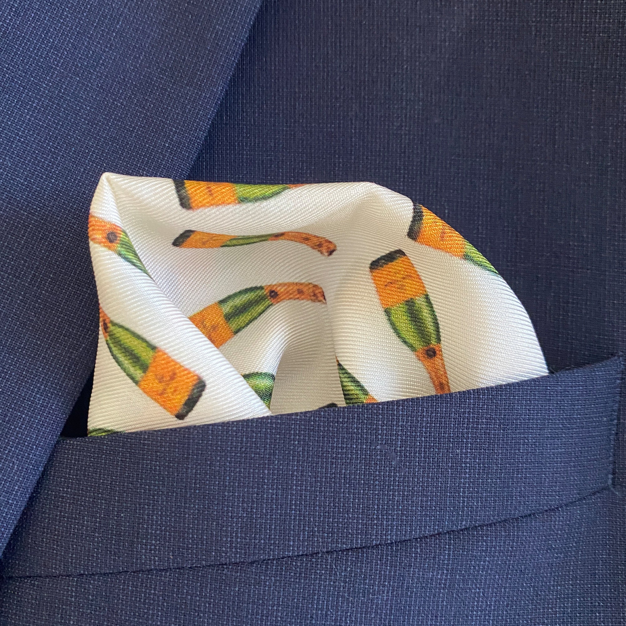 silk pocketsquare with champagne bottle design