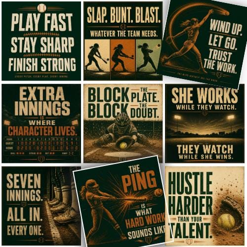 Vintage-style collage of nine softball encouragement cards featuring batting, pitching, bunting, catching and a scoreboard, with motivational sayings about teamwork, hustle and hard work.