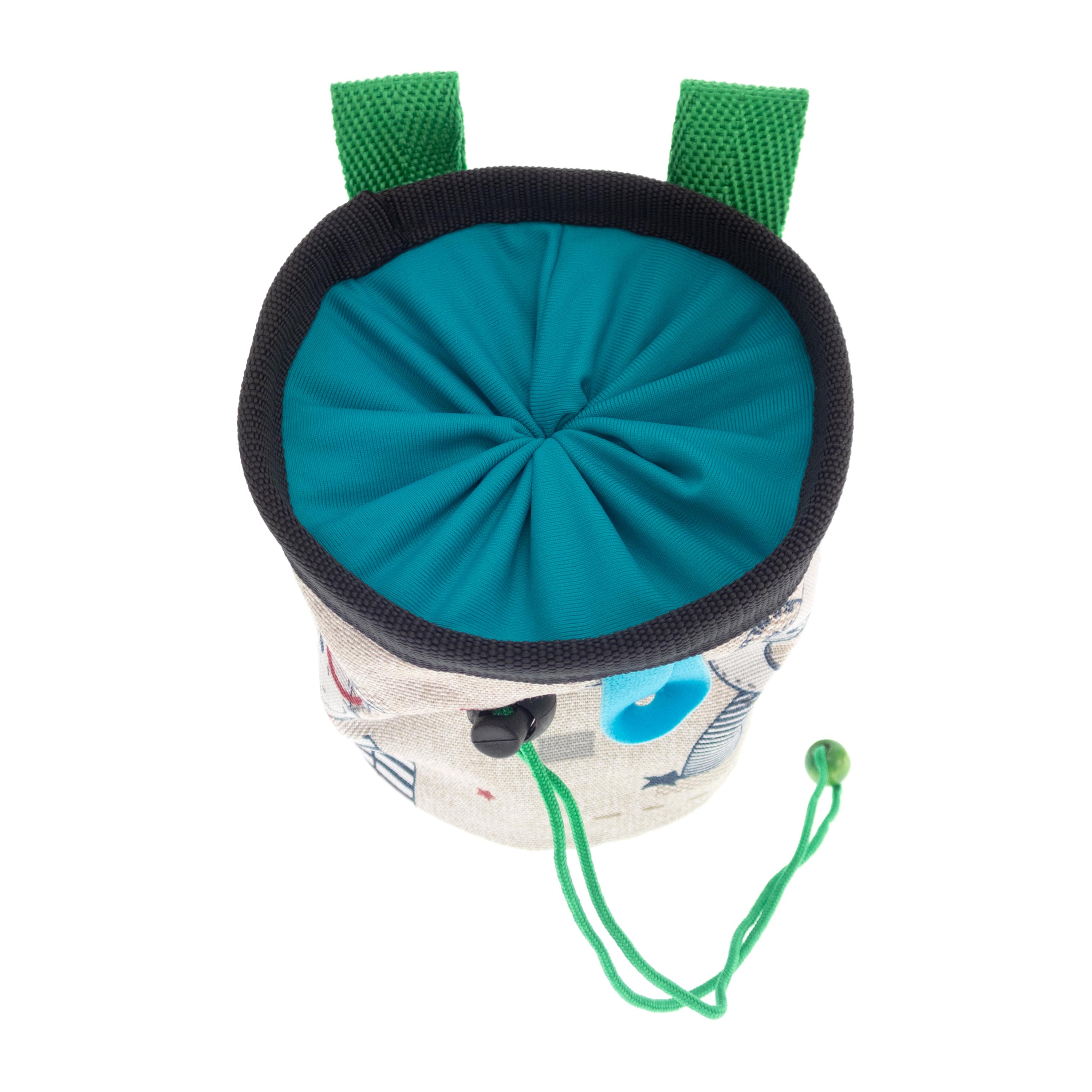 Soft and durable climbing chalk pouch designed for kids, featuring charming animal print