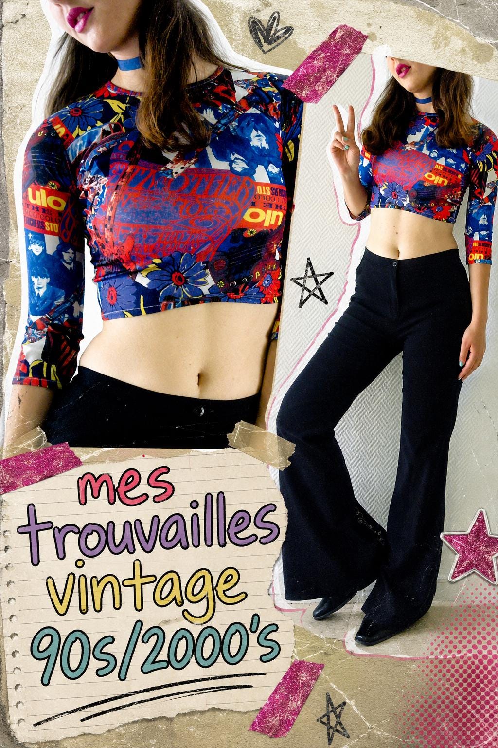 Trouvaille vintage fin 90s, pantalon pattes deph et crop top esthétisme Britney Spears Christina Aguilera Spice Girls