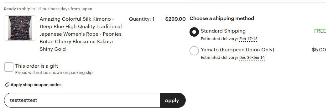 Coupon code typed in and applied