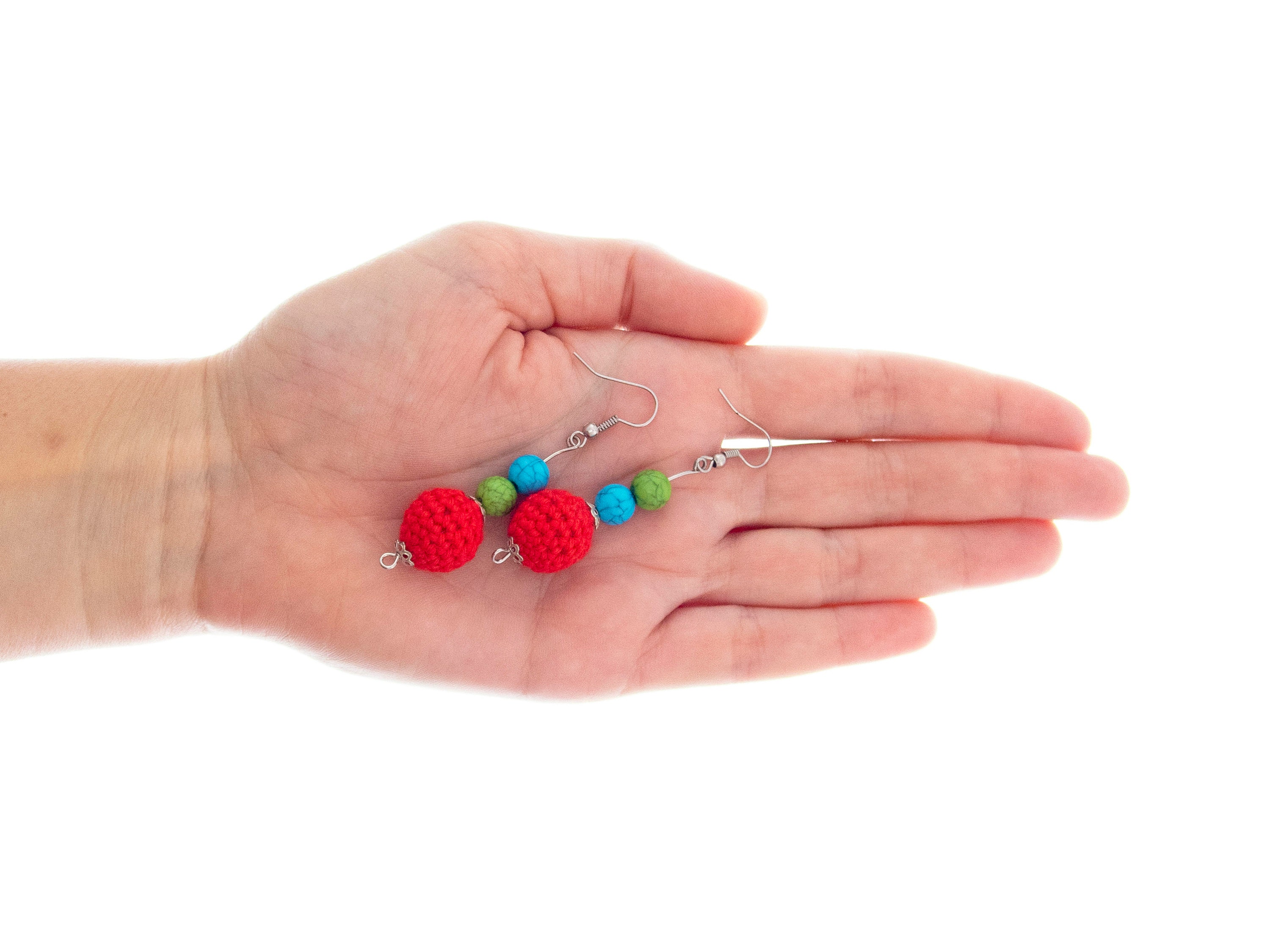 fashion statement earrings handmade of red, green, blue dangling balls