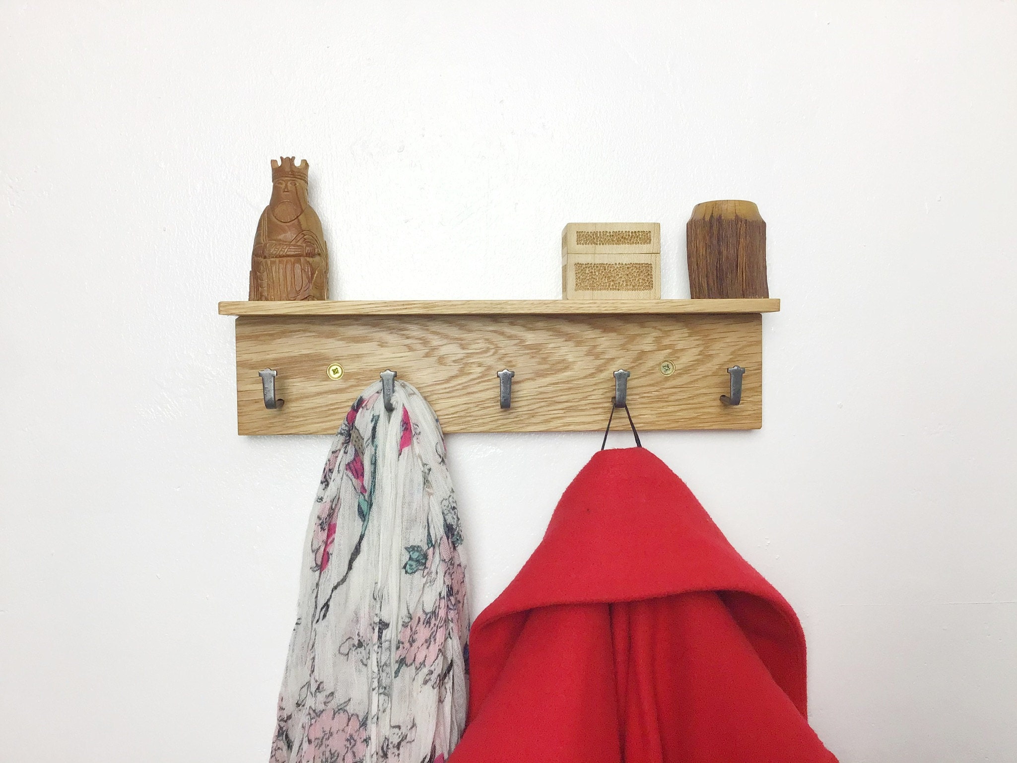 MICRO light Oak coat rack 33cm wide but 5 strong hooks - made in UK