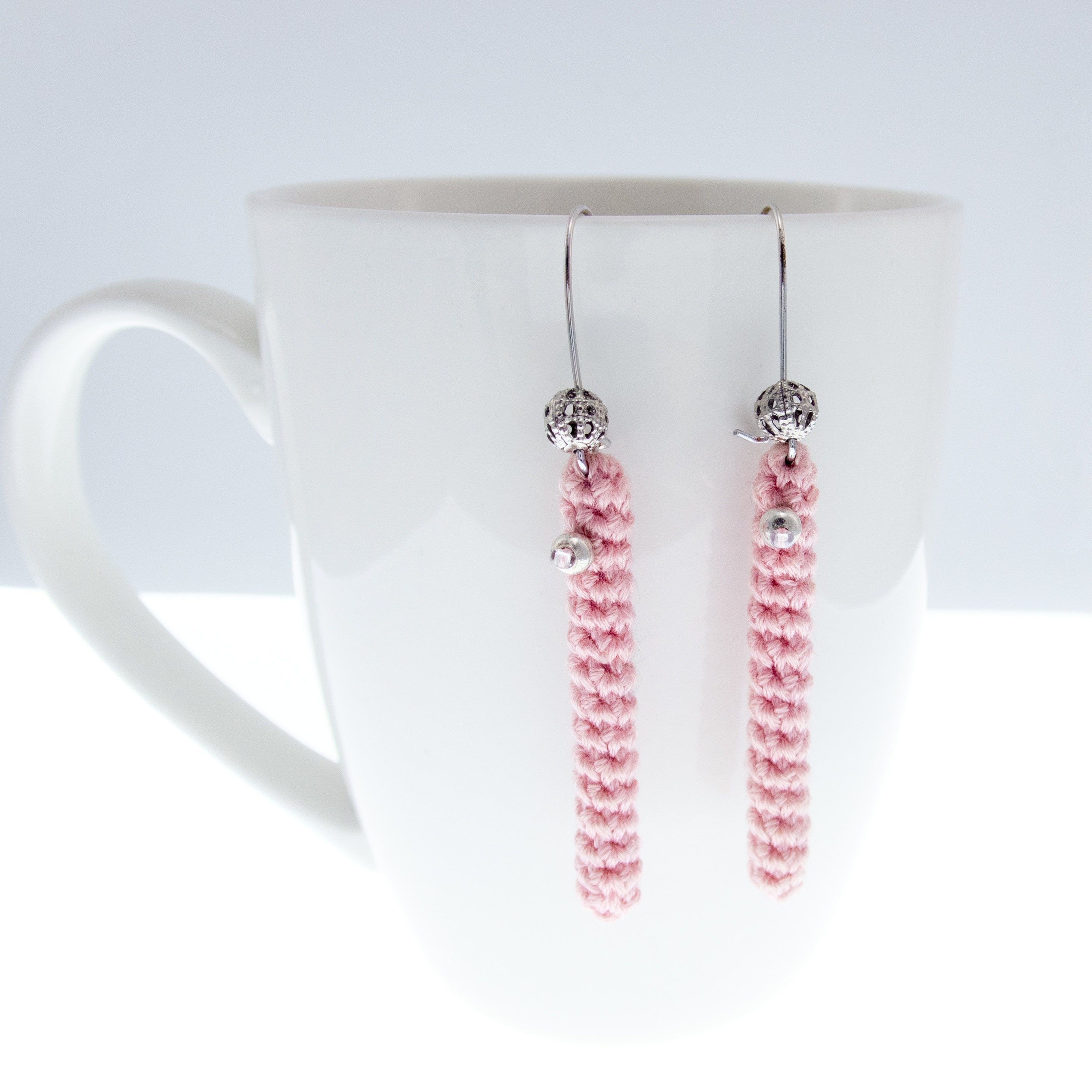 handmade pink crochet bar earrings dangle