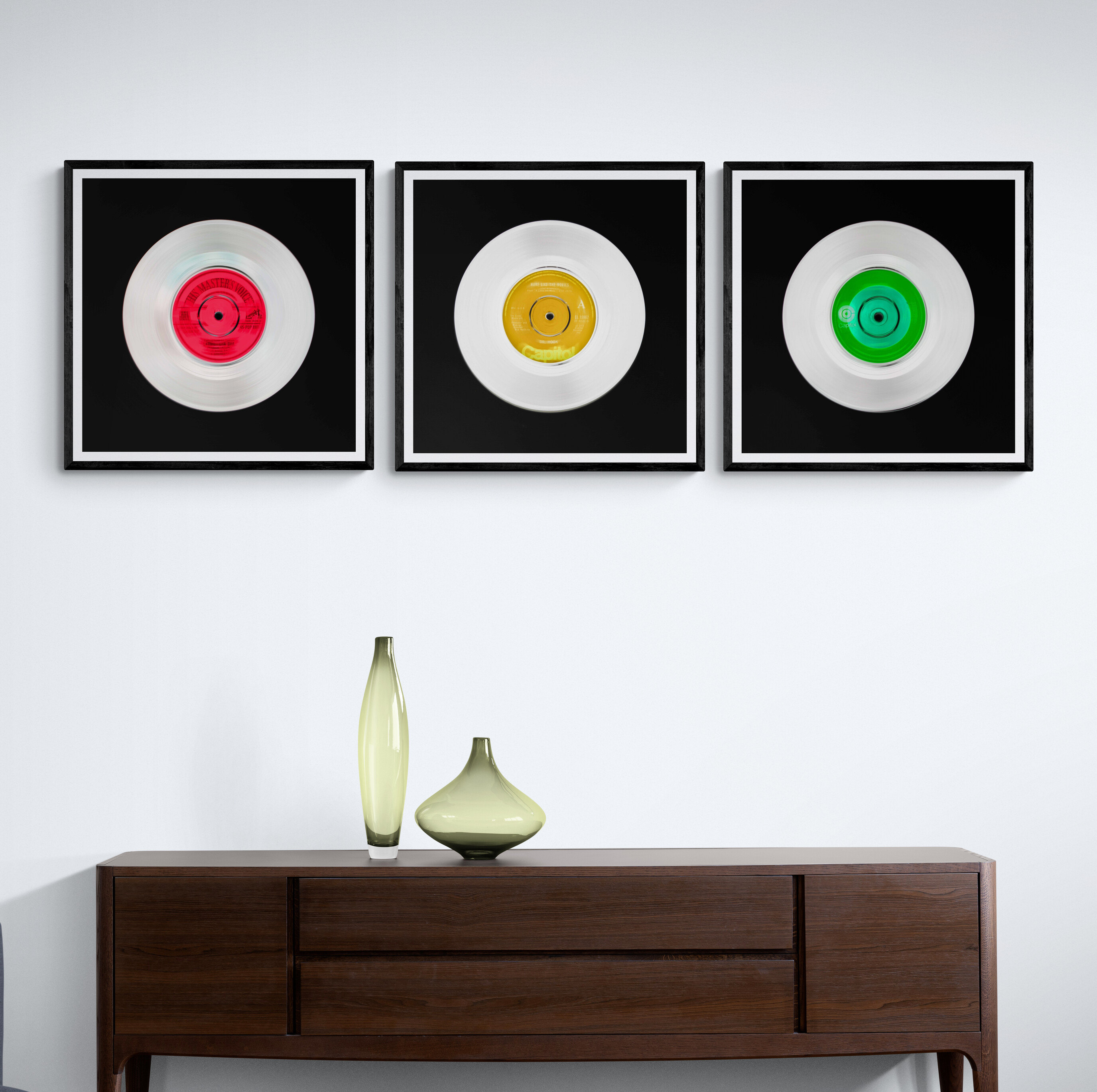 vinyl wall art prints- traffic light coloured triptych for music lover gift