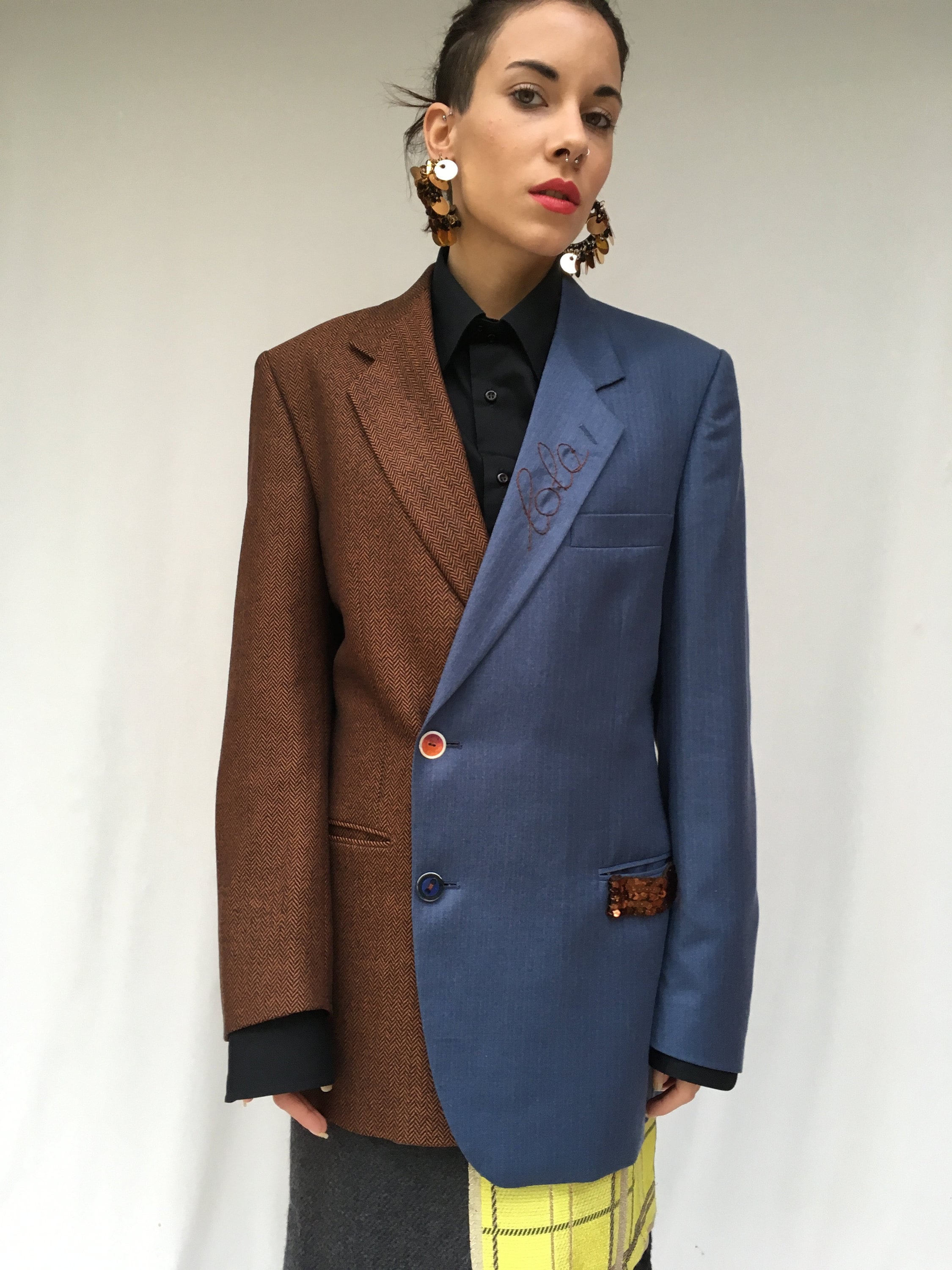 deconstructed jacket starting with selected vintage items. sustainability in the creative recovery of high quality waste clothing