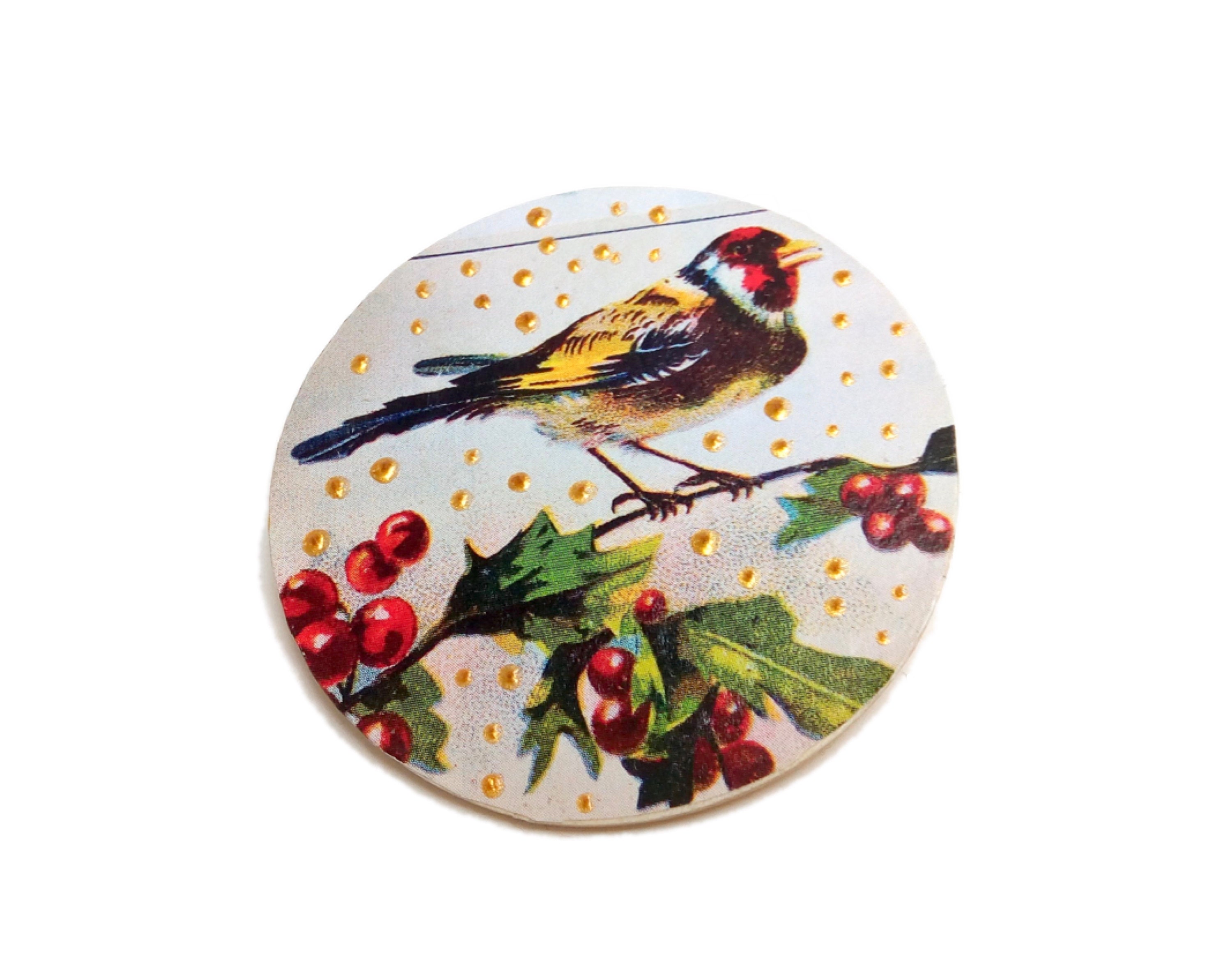 broche de création unique JUL et FIL®, broche femme, cadeau femme, broche bois, broche oiseau, broche vintage, broche petits pois