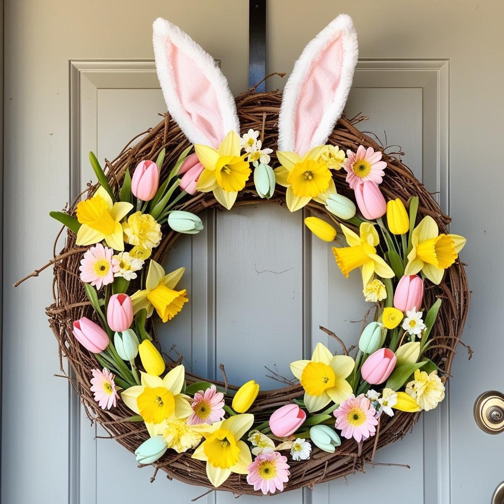 Handmade Easter wreath with bunny ears and dollar store florals on a front door.