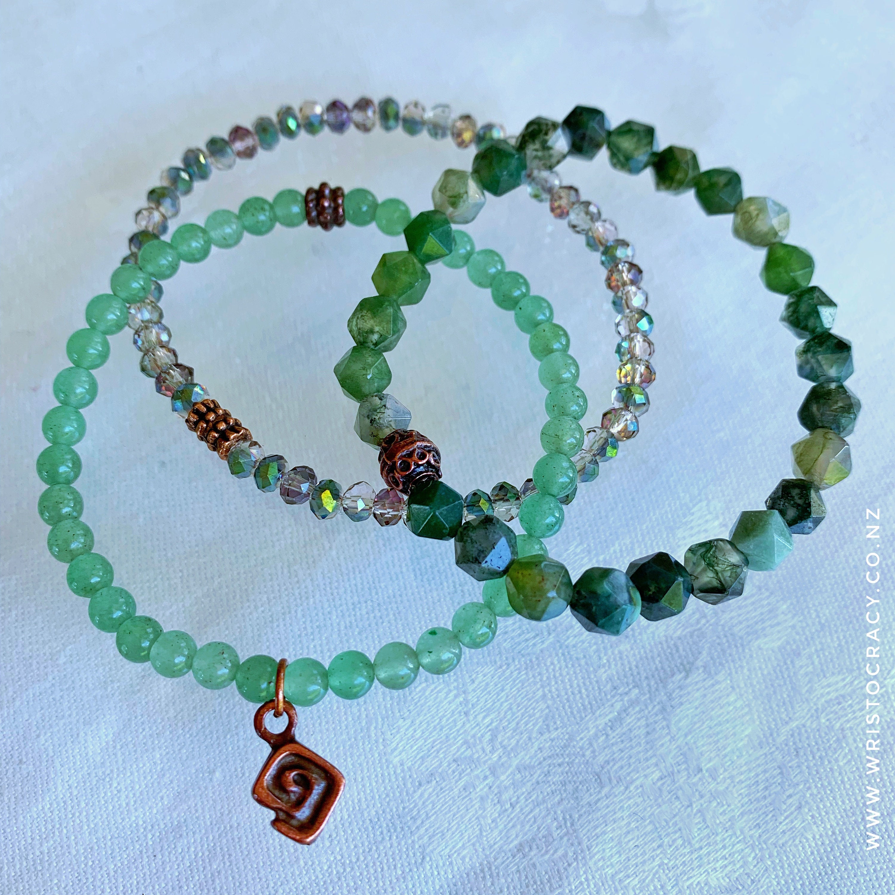Star Cut Moss Agate, Green Aventurine and Crystal $55
