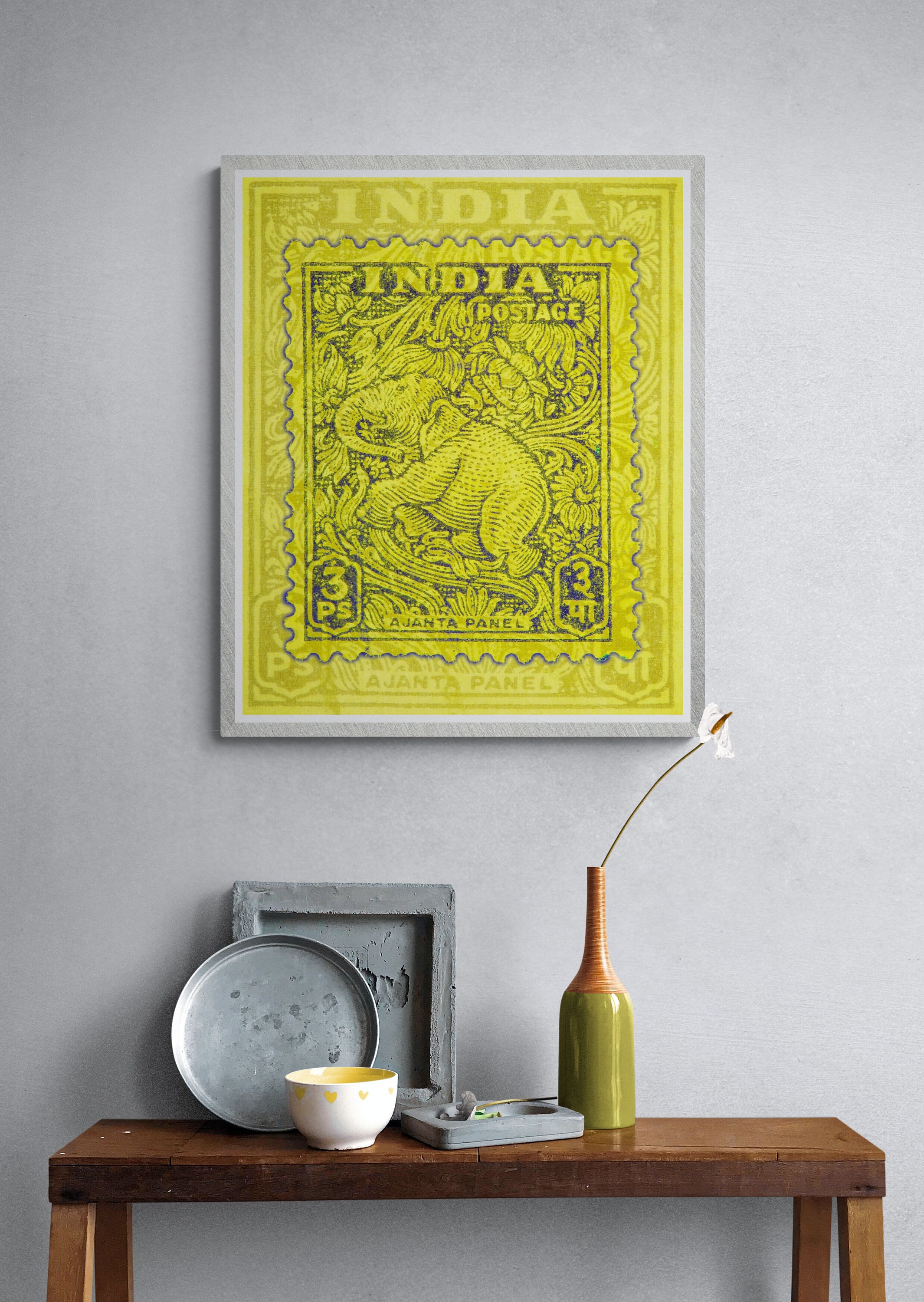 Yellow india elephant fine art print- contemporary yellow Indian elephant print of vintage postage stamp