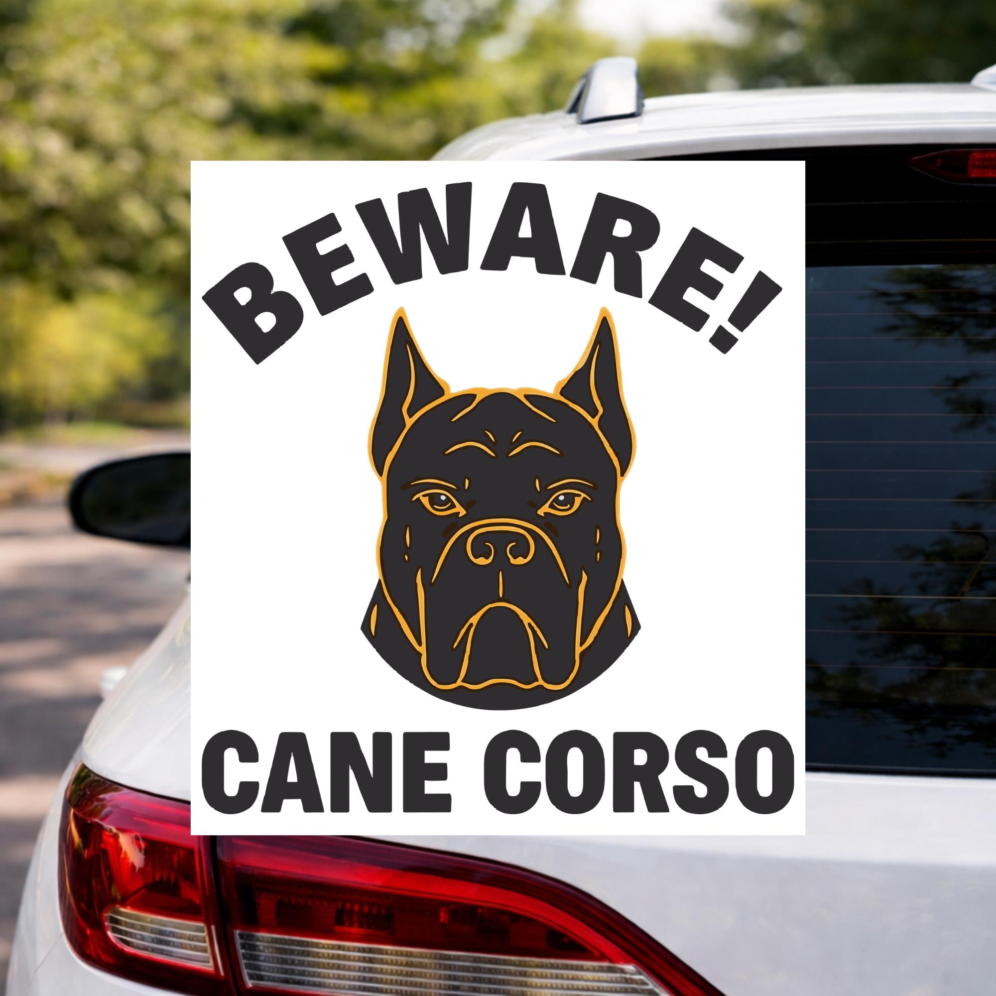 **Cane Corso warning car decal with bold black dog silhouette and yellow protection-style typography on vehicle window**