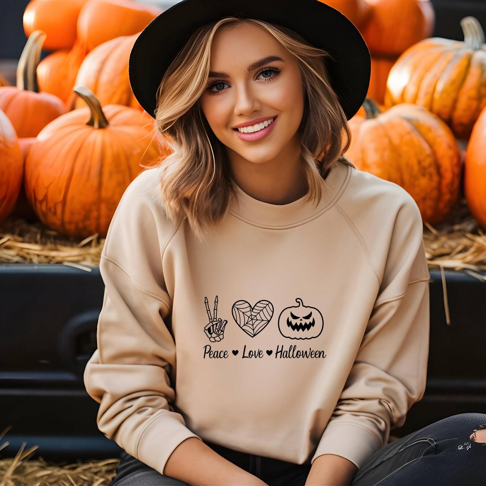 Peace Love Halloween Shirt - Womens Cute Halloween Sweatshirt- Halloween Tee Orange - Gildan Maroon Hoodie