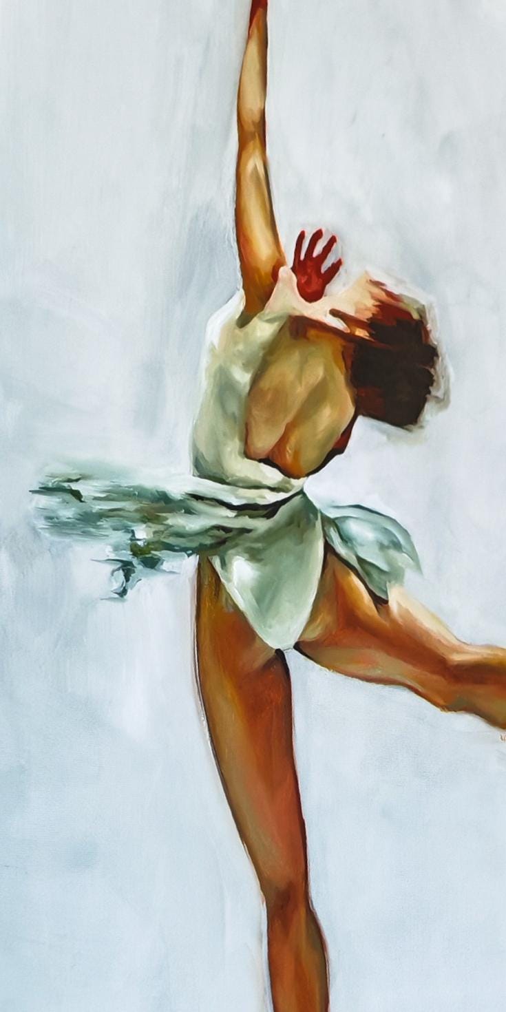 A work in progress oil painting of a figure skating spin. The skater is seen from behind, the light hitting her from above and her white dress catches it.