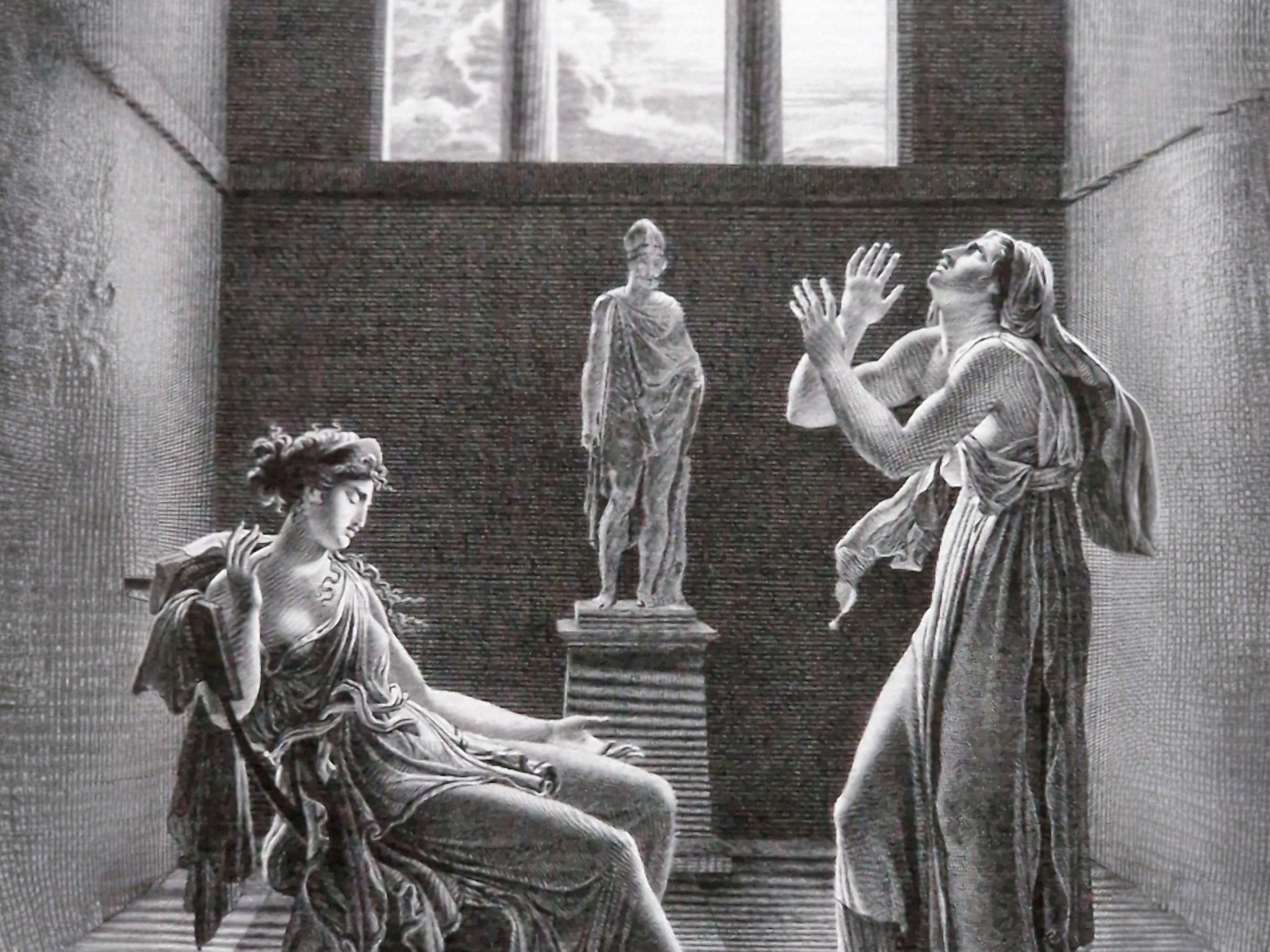 Klasyczna czarno-biała rycina przedstawiająca dramatyczną scenę z „Fedry” Jeana Racine’a. Po lewej stronie siedzi omdlewająca kobieta w antycznym stroju, po prawej druga postać unosi ręce w geście przerażenia lub błagania. W tle stoi posąg bóstwa oraz wysokie okno z widokiem na zachmurzone niebo.