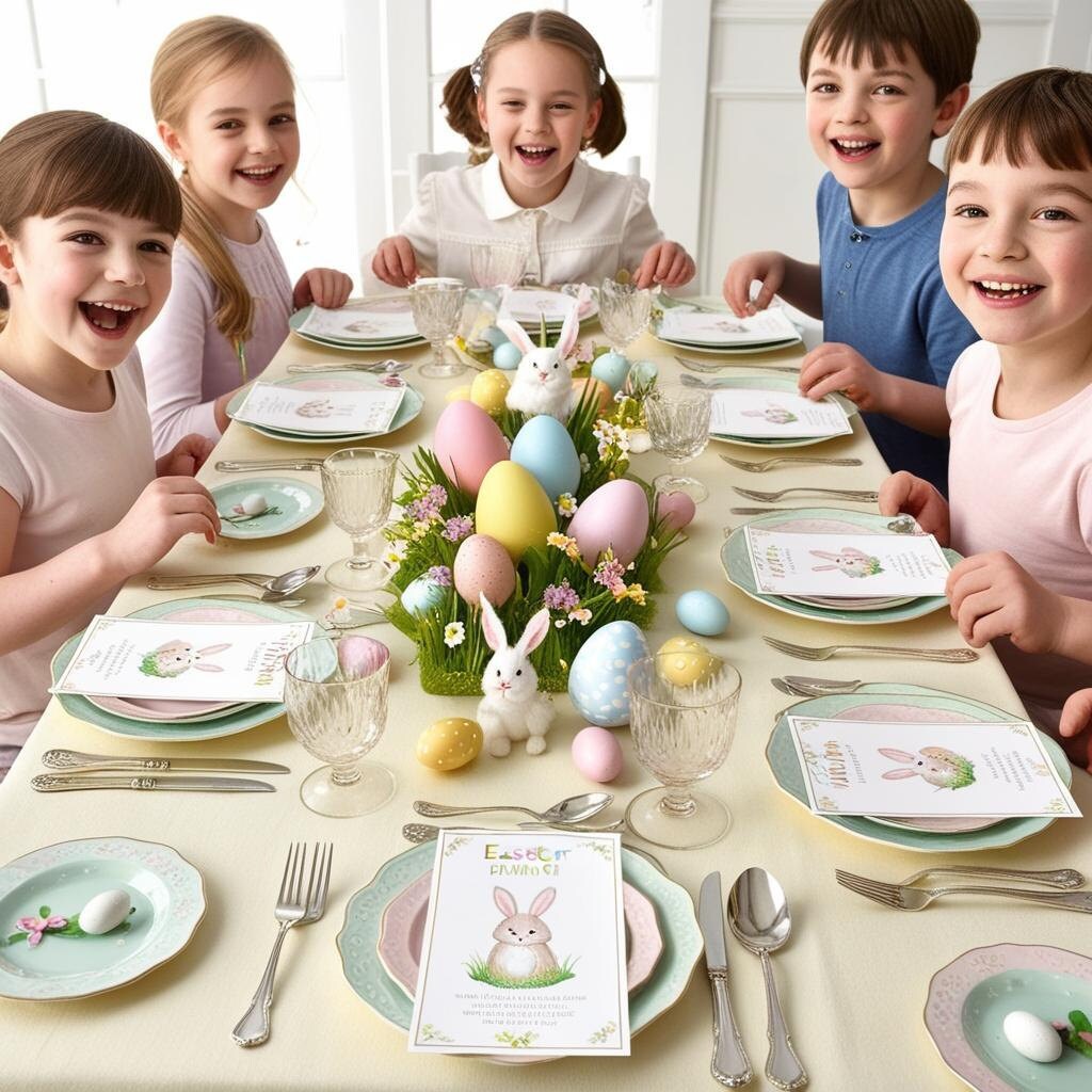 Kids setting the table with printed menus, Easter decor, and bunny-themed details.
