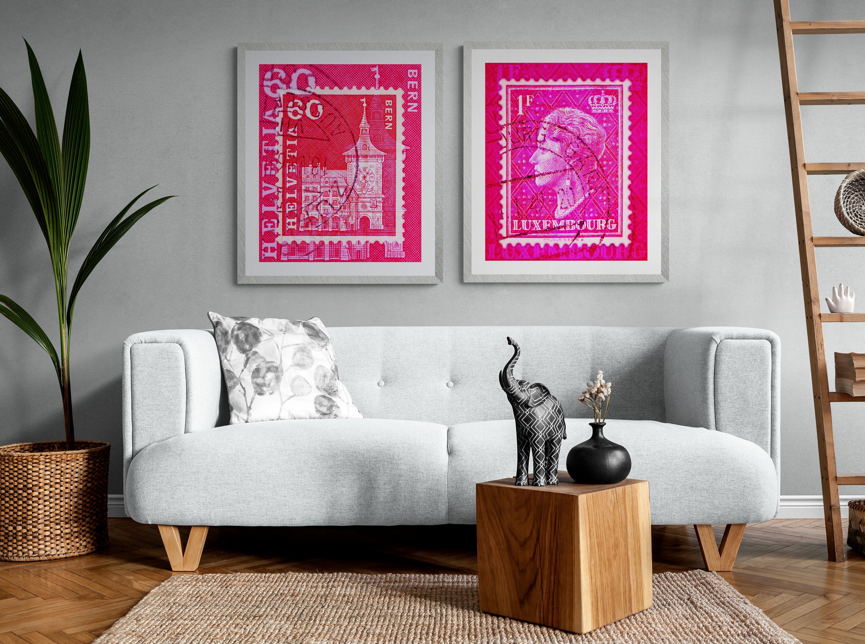 Luxembourg and Belgium vintage stamps fine art prints by deborah pendell- pink limited edition art
