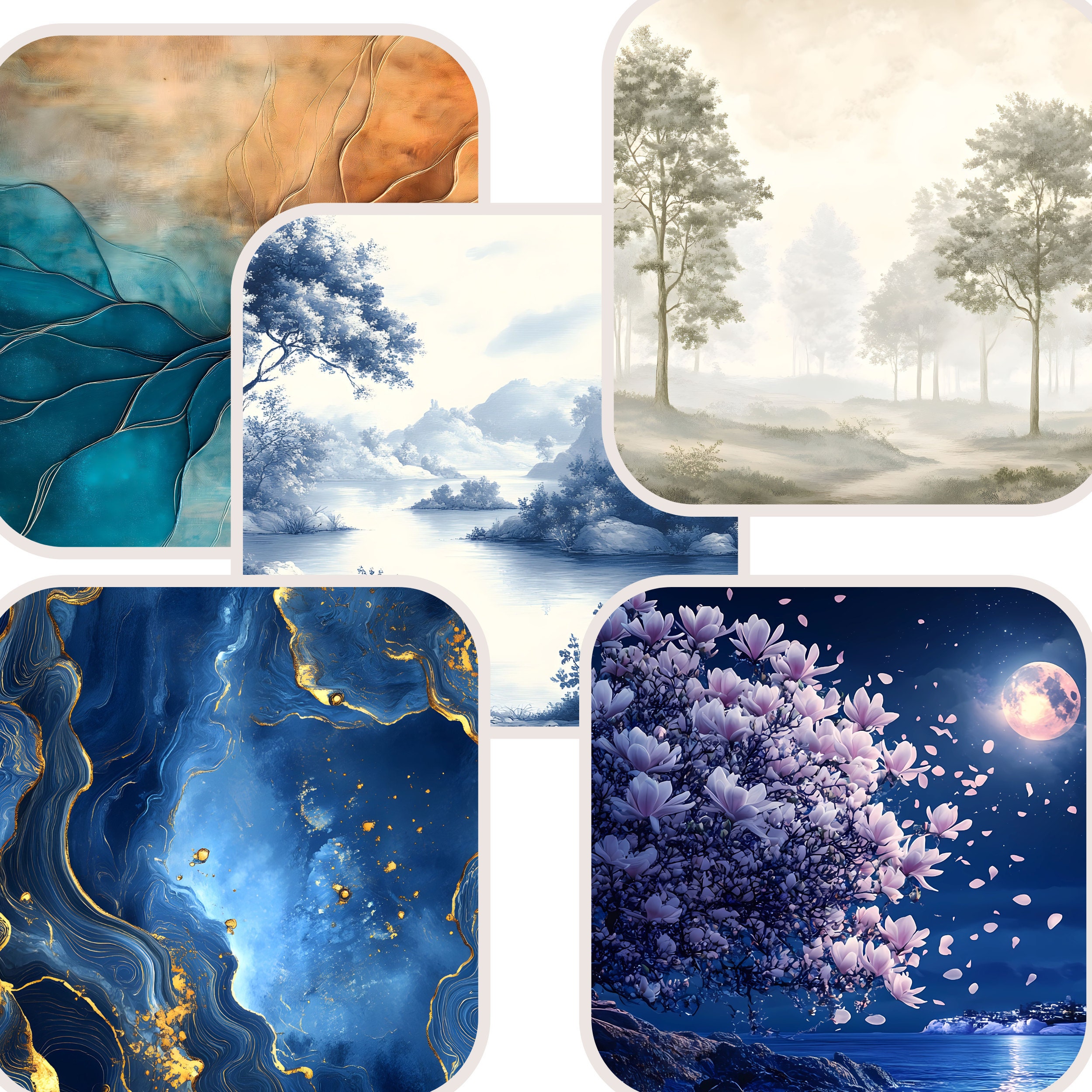 A gallery image showing a variety of wallpaper styles, including floral, abstract, and vintage patterns from the LuxeLayerWalls collection.