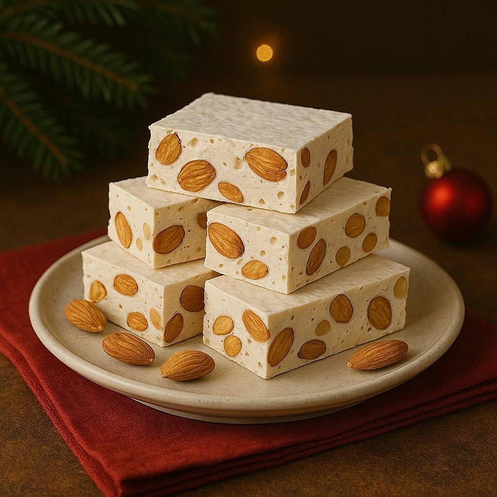 Torrone – Doce de mel, claras e amêndoas, macio ou crocante.