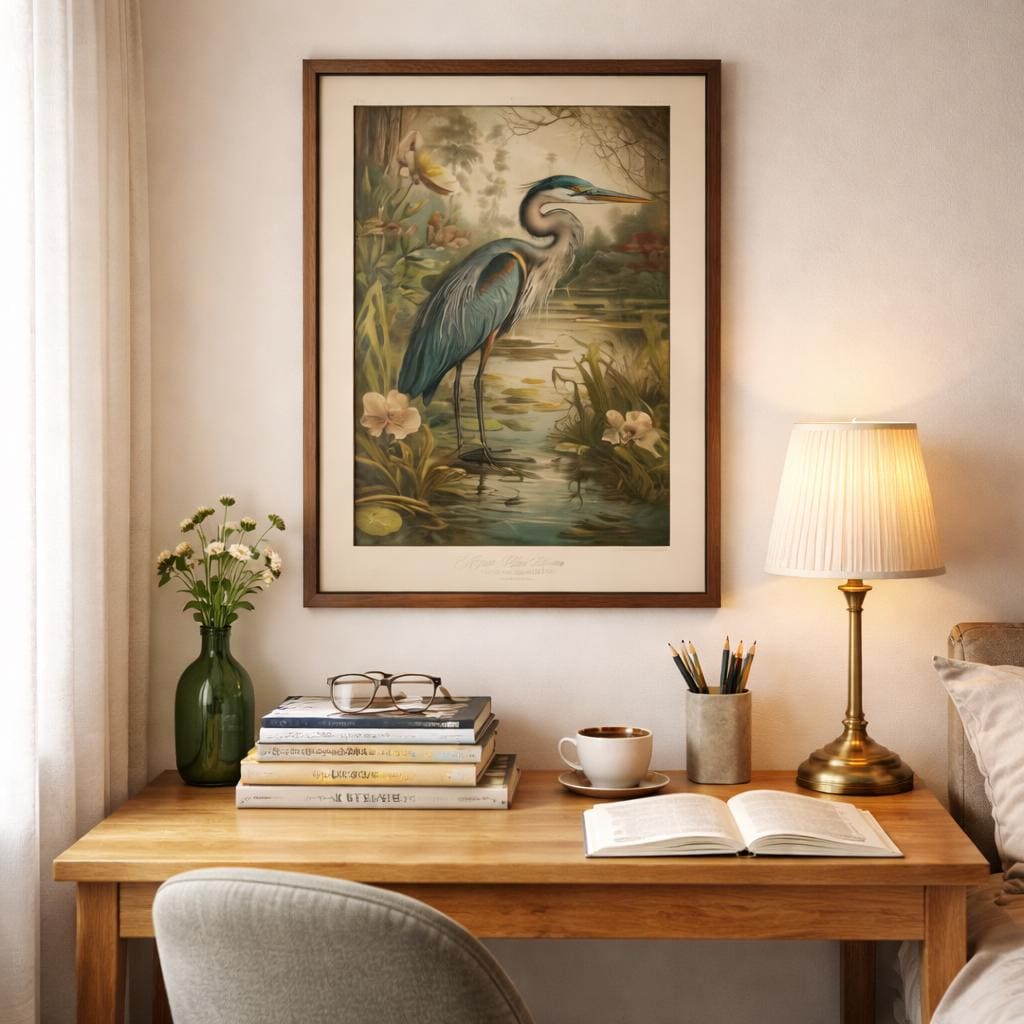 A framed vintage-style heron print hangs on a pale wall above a small wooden writing desk in a rented flat bedroom. Below the artwork is a neat stack of books with reading glasses on top, a green glass vase of flowers, a brass table lamp, a cup of coffee, and an open book. The scene feels calm and cosy, with soft neutral tones and natural light creating a peaceful writing corner.