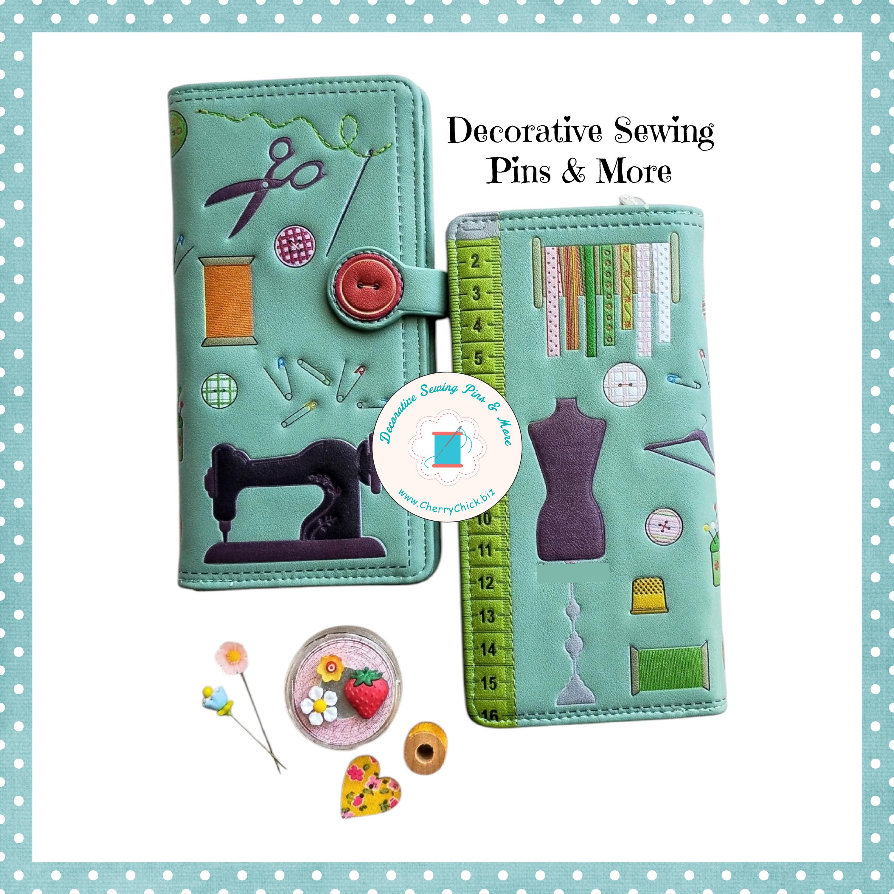 Womens clutch wallets with sewing themed designs