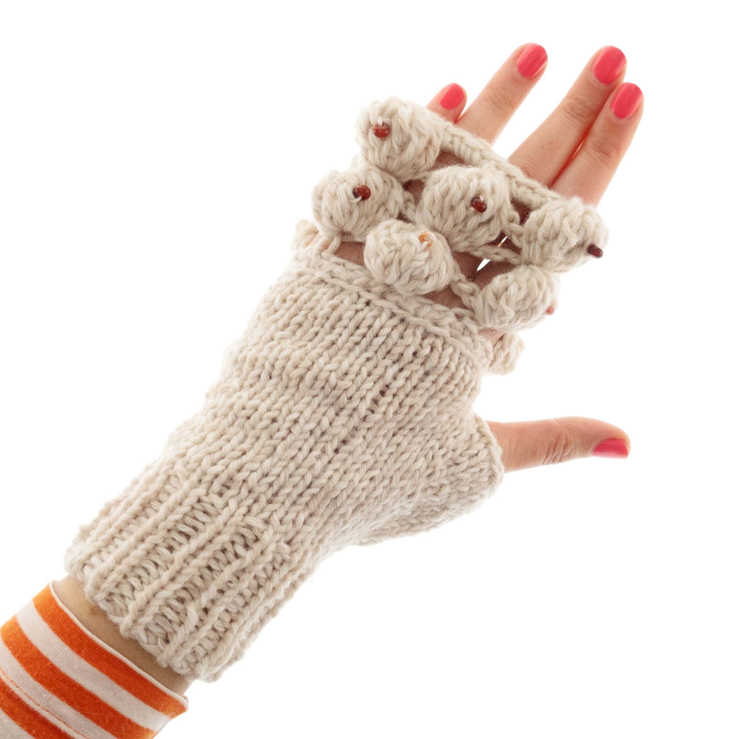 Womens Designer Gloves, Ladies Fingerless White Wool Mittens