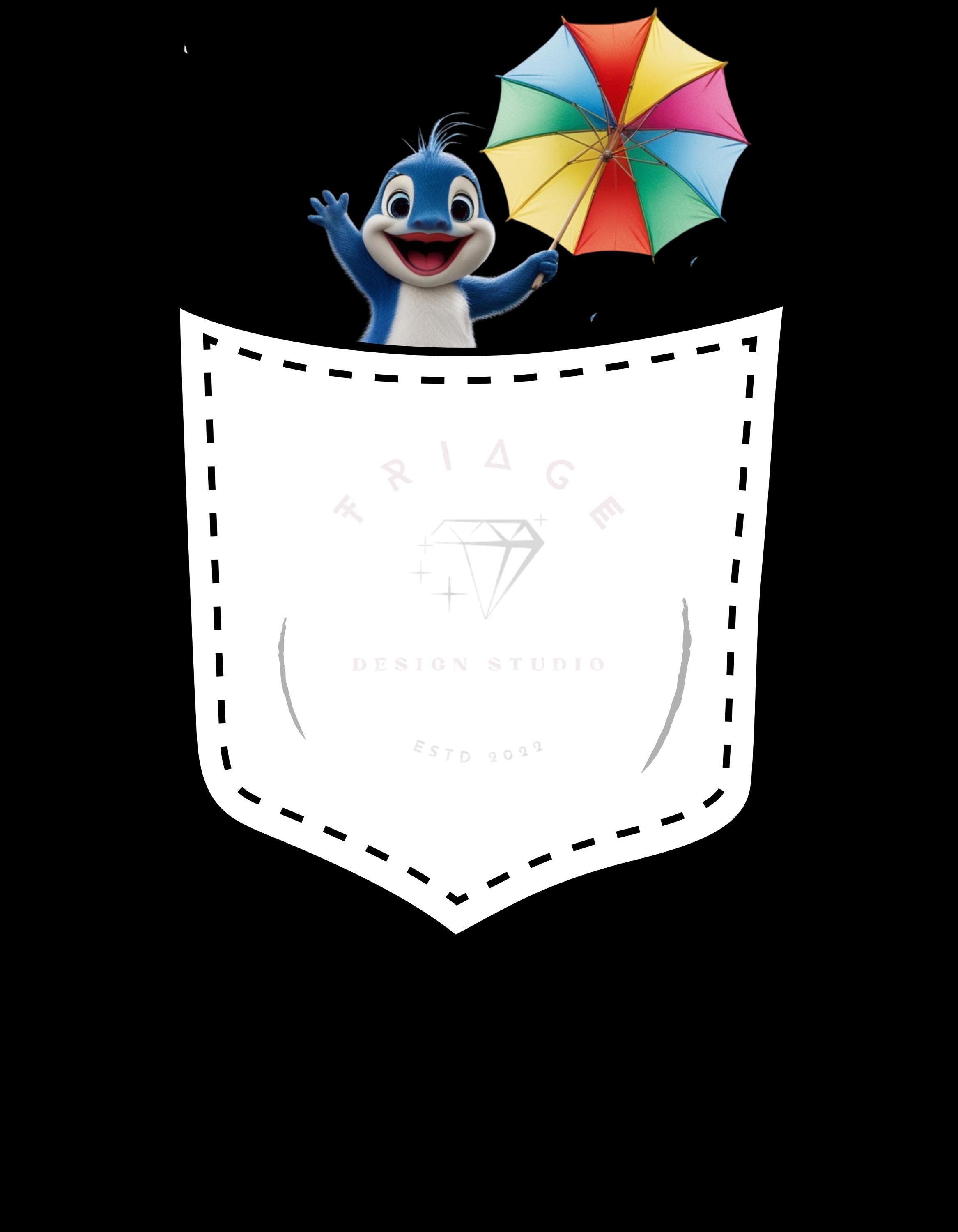 Auffälliges Print-Design für T-Shirts: Ein blauer Kobold-ähnlicher Charakter mit Regenbogen-Schirm in einer grafischen Tasche.