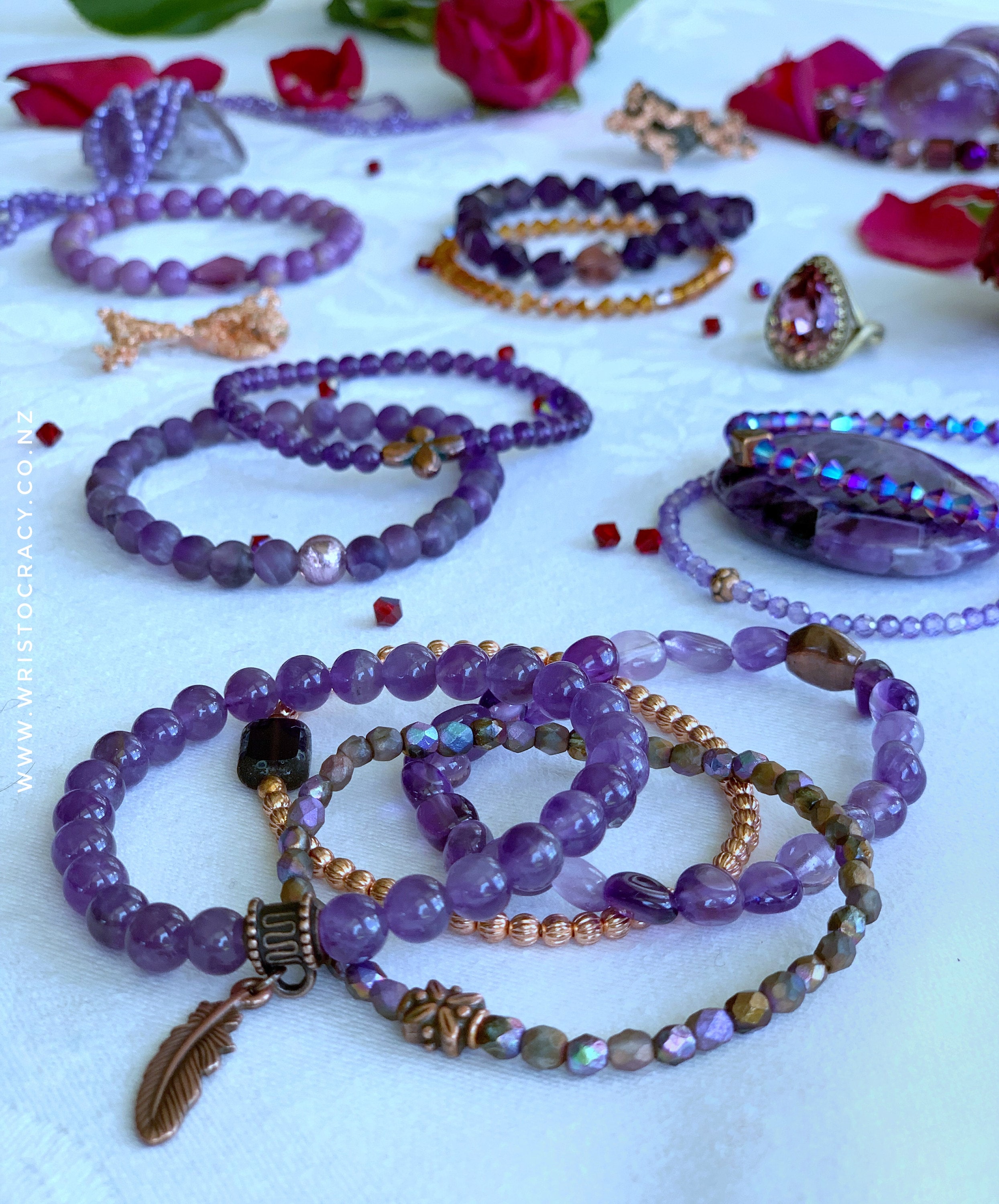 I have been working hard on how I can make it easier for my customers to build and individualise their own wrists to their personal taste whilst being able to continue to supply sets in all sizes .... With Amethyst, there is a huge variance of stone colour, from light to very dark. The finishes, shapes and sizes of the beads available is also vast.... Presently, Wristocracy has 3 Amethyst based sets. What I would like to be able to bring you in 2019 is the ability to add and personalise these sets with the addition of single bracelet strands in a variety of styles without the need to add another full set. I will still continue to make new sets and they will still offer great value for money and a wonderful starting point to “build your wrist”. Piece by piece our website will be updated to allow this, whilst offering ideas and inspiration on how things look together. I hope you like what we are working on ... personally, I am quite excited and would love your feedback. Most often I see Amethyst paired with silver and whilst I love this combination I also love the added warmth of pairing some of the darker coloured Amethyst with copper or bronze. The image shows you some of the looks you can achieve when paired with copper, bronze and a couple of other purple stones I have available for single bracelet purchase. These will be on the website soon ... but also at @crafternoontea this weekend. Come along and have a sneak peek!
