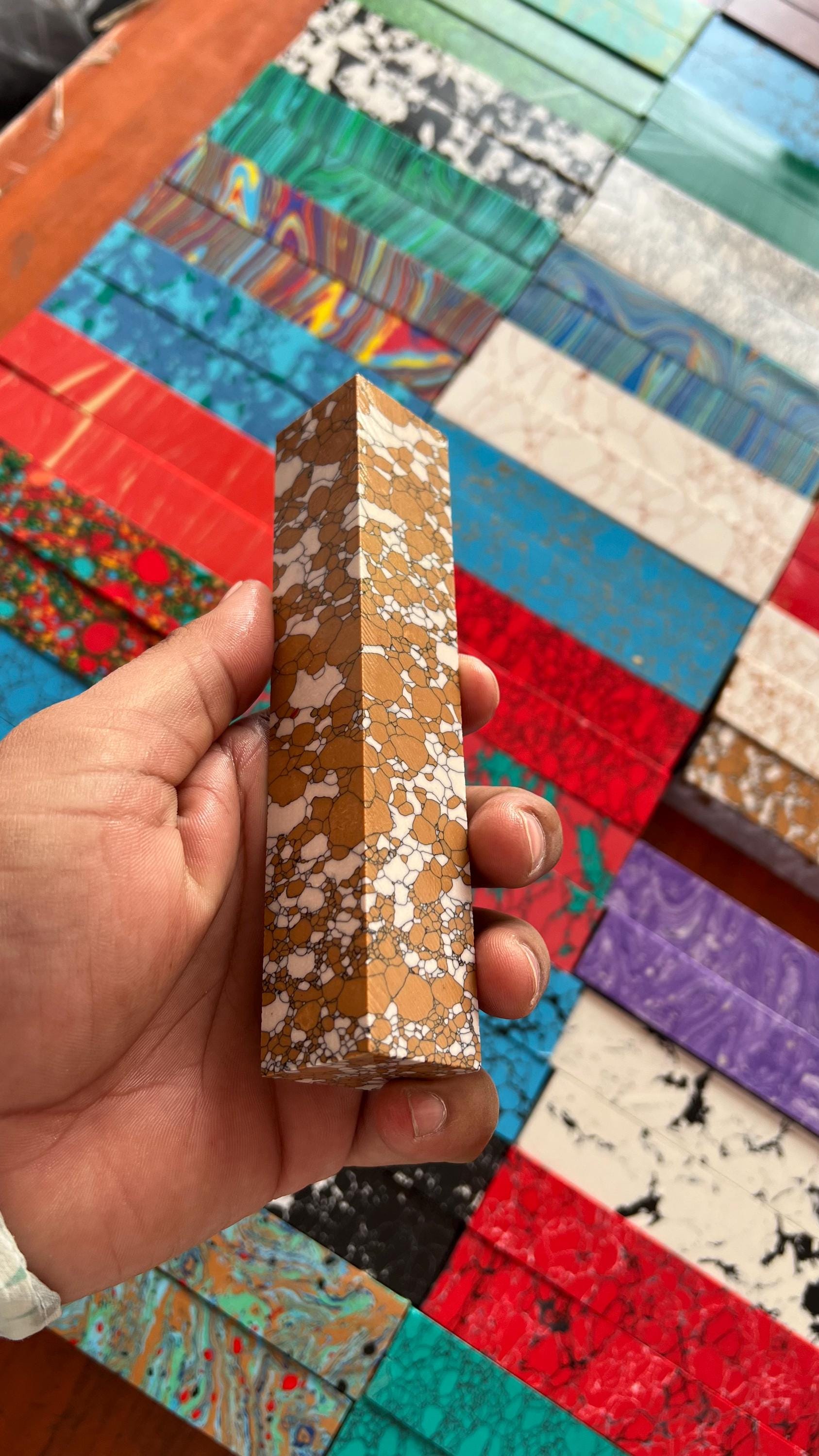 “Mohit Impacts multicolor synthetic stone knife blocks with marble crackle veins, ideal for jewelry, pen turning and premium handle materials.”