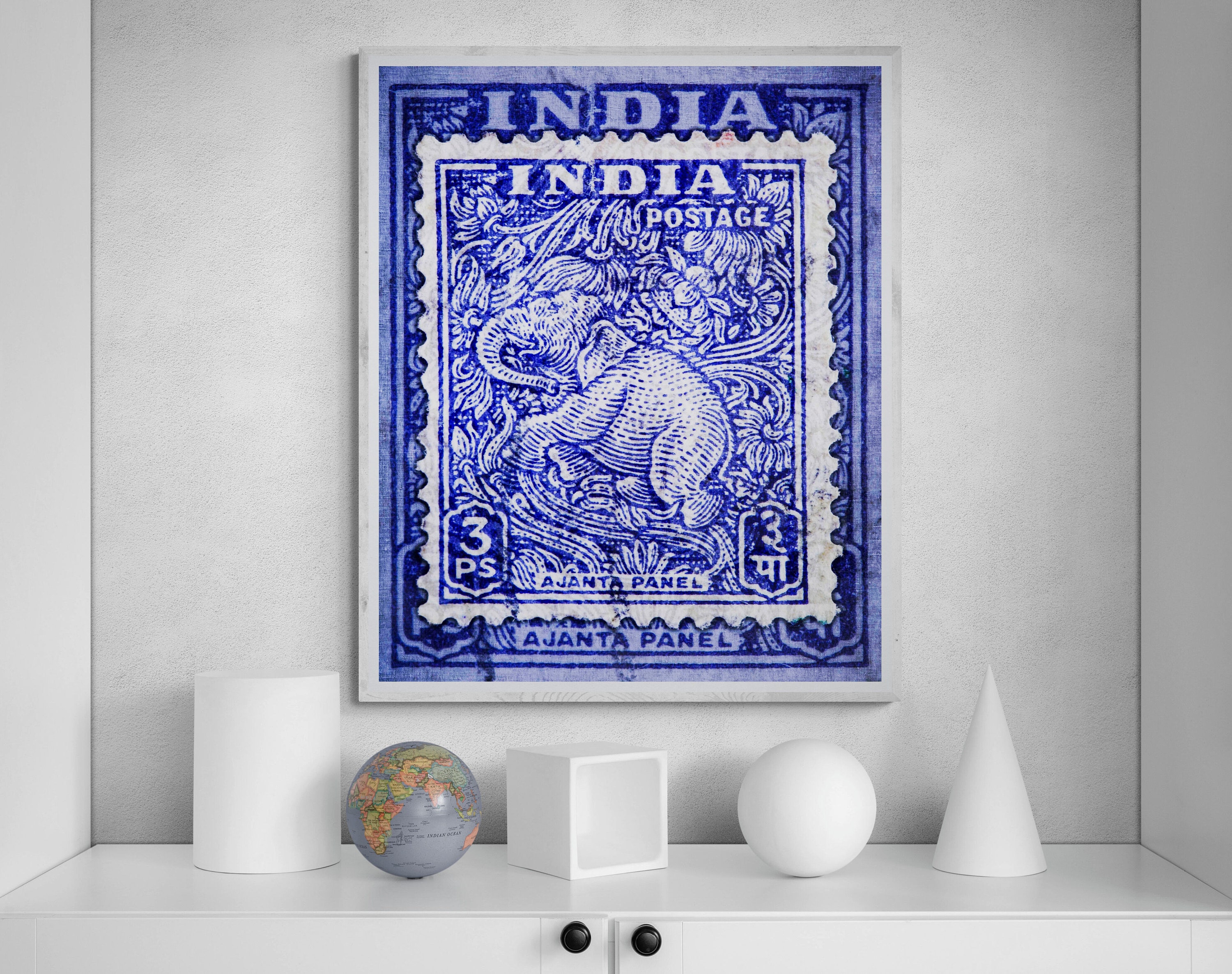 India Elephant fine art print- contemporary Indian art of Blue Elephant created from vintage postage stamp in situ by deborah pendell