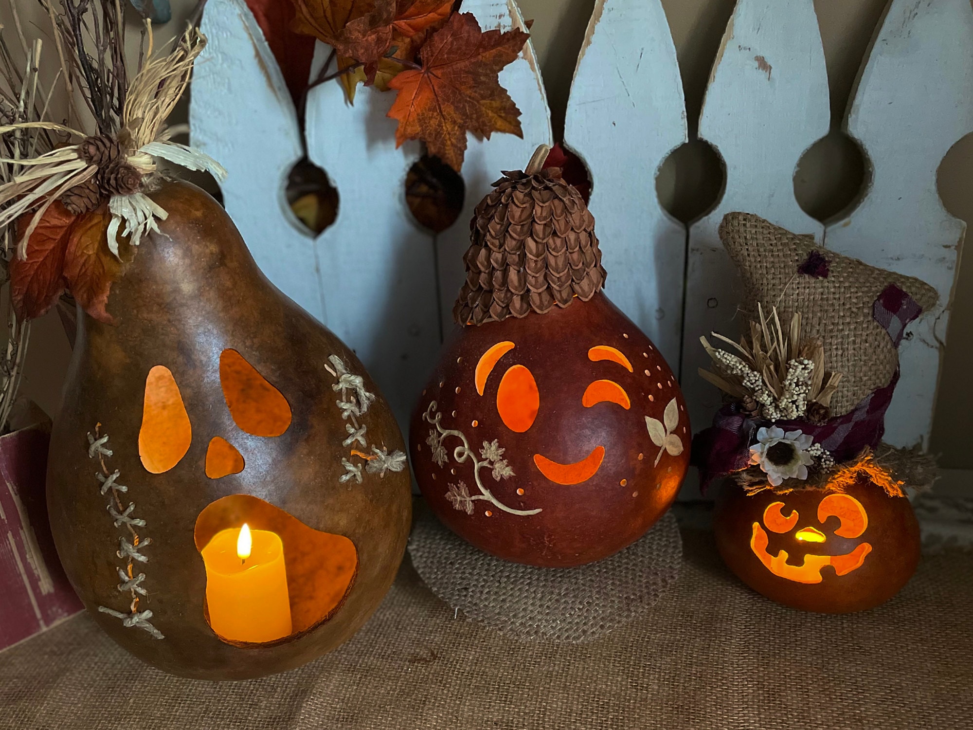 Carved gourds for fall pumpkin decorations.