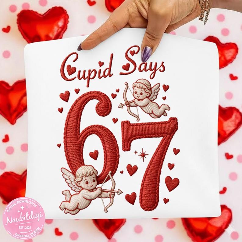 Cupid Says 67 PNG, Funny Valentine Six Seven Design, Vintage Embroidered Cupid Hearts PNG, Girly Preppy Valentine Shirt Graphic