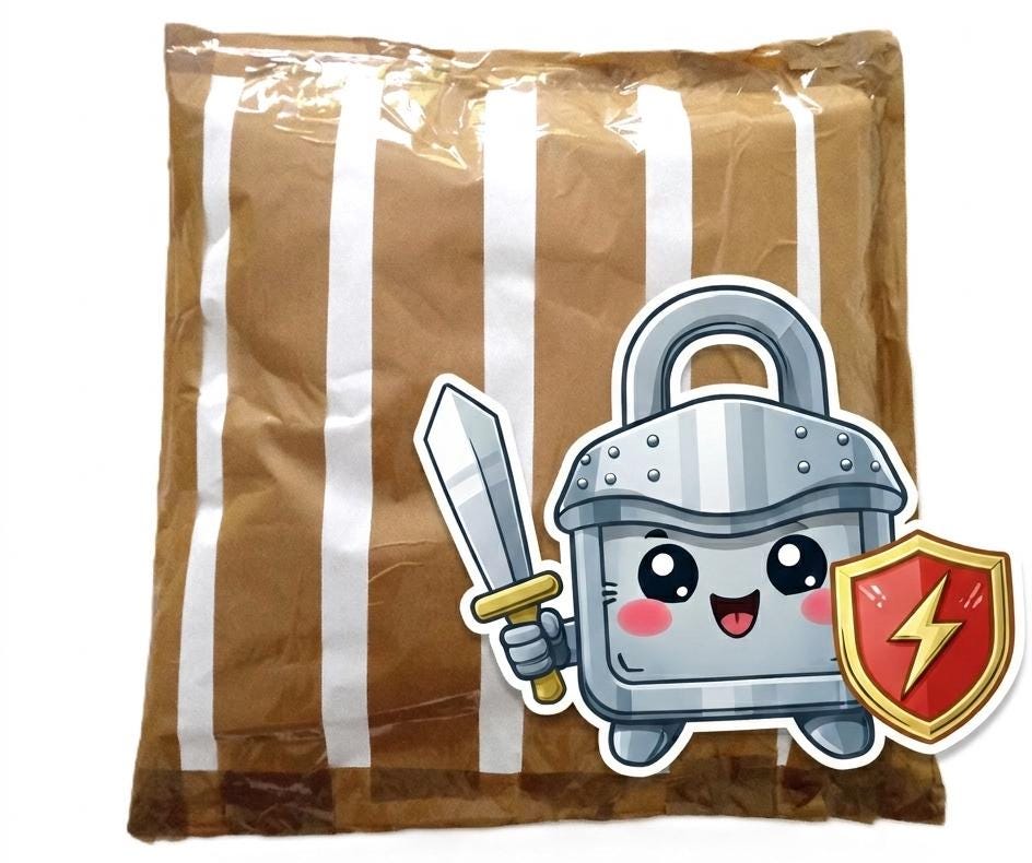 Colis sécurisé de la boutique Un Style Rétro : paquet emballé dans une enveloppe bulle marque jovimail, fabriqué en France, entièrement recouvert de ruban adhésif marron ultra-résistant Tesa Pack. Collage humour avec emoji dessin kawaii dun cadenas chevalier avec armure, épée et bouclier éclair rouge, illustrant la protection contre la perte de colis.