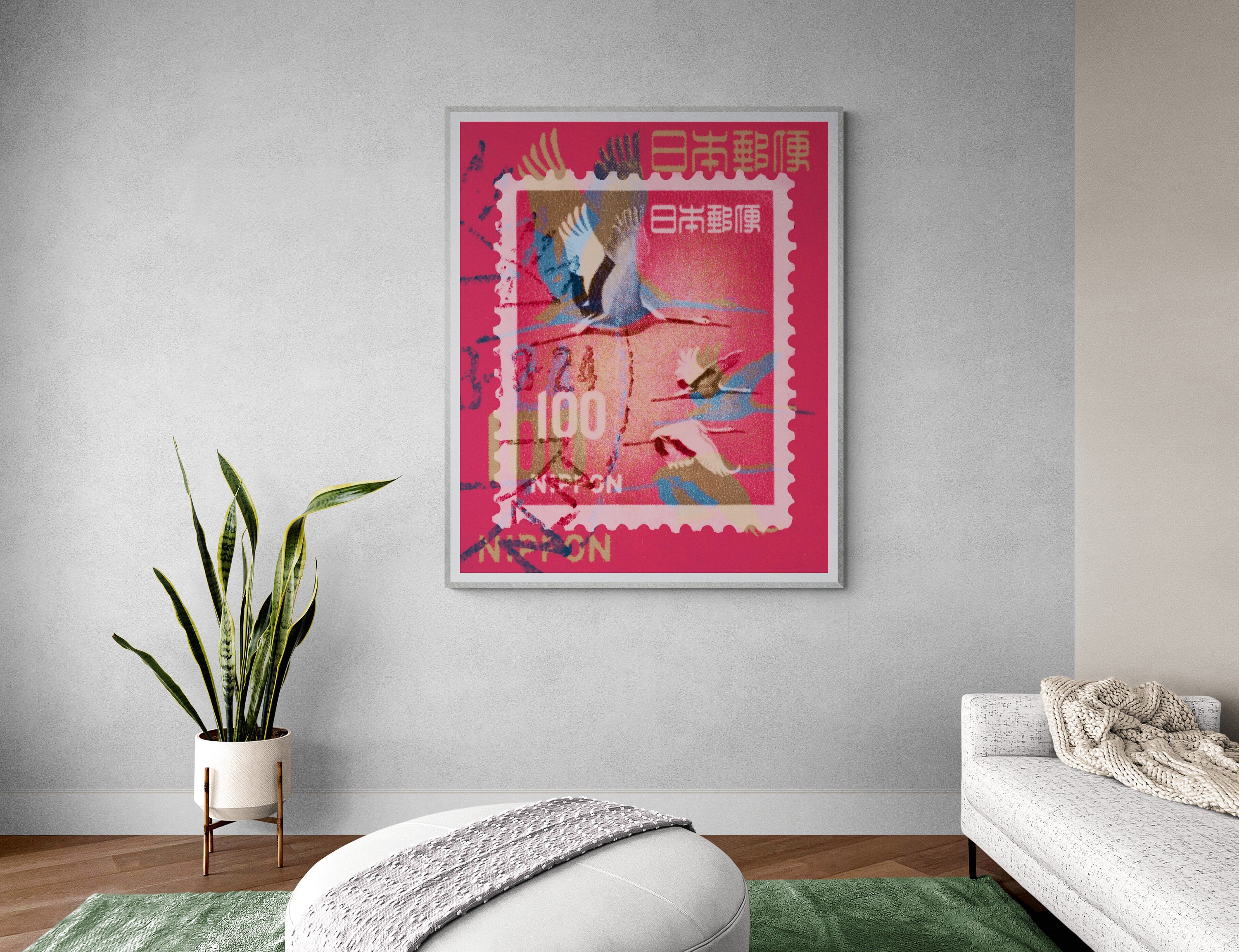 Japanese Crane contemporary art print - Nippon Fine Art Print by deborah pendell created from a vintage postage stamp