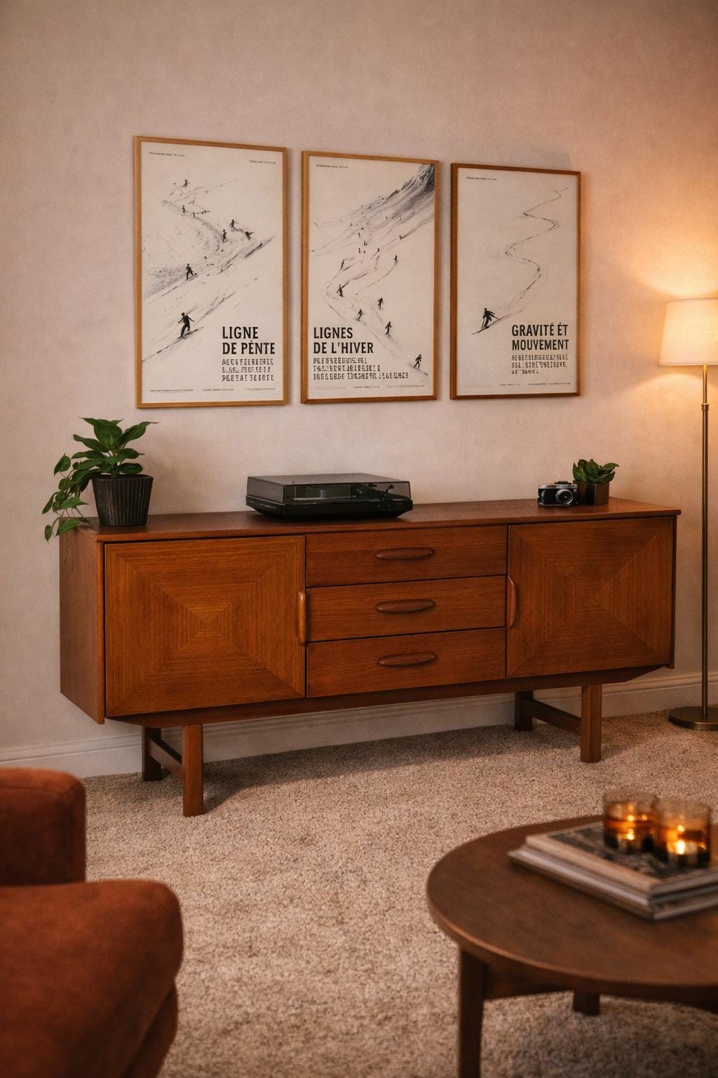 Bow-Front Teak Sideboard with minamilist ski posters