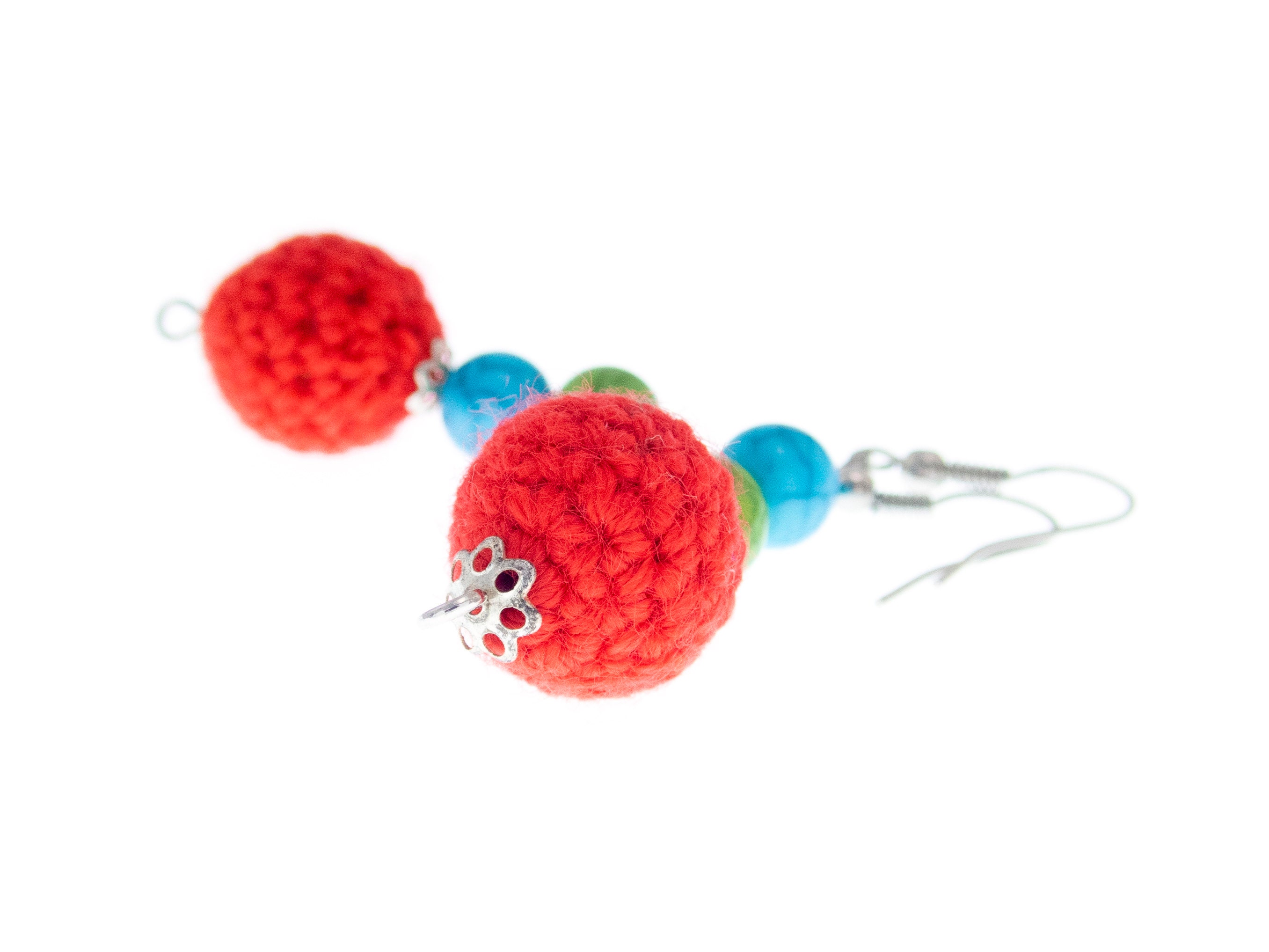 fashion statement earrings handmade of red, green, blue dangling balls